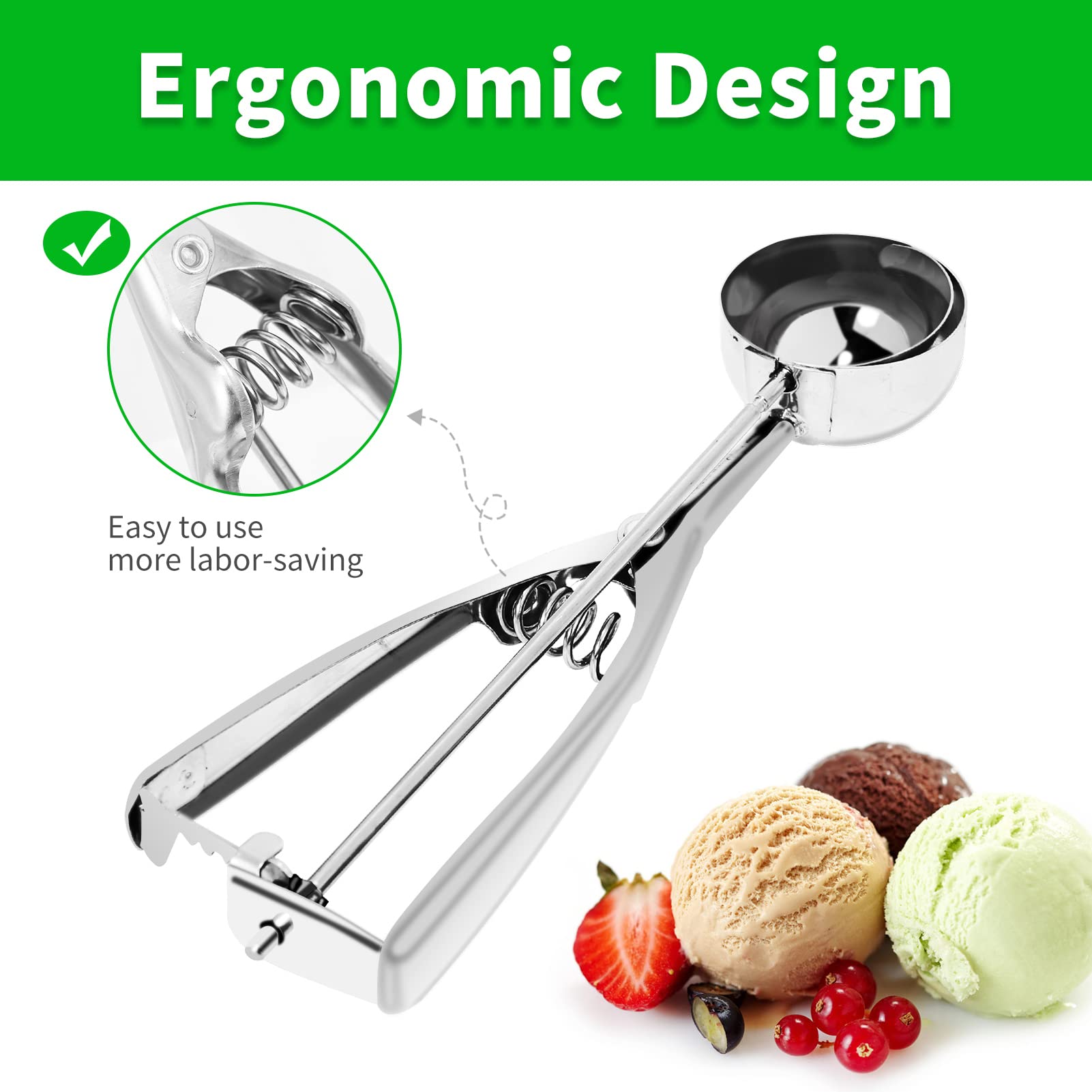 AOULELA 3PCS Ice Cream Scoop Set, Stainless Steel Cookie Scoops, Small/Medium/Large, Silver, Model ICS0103