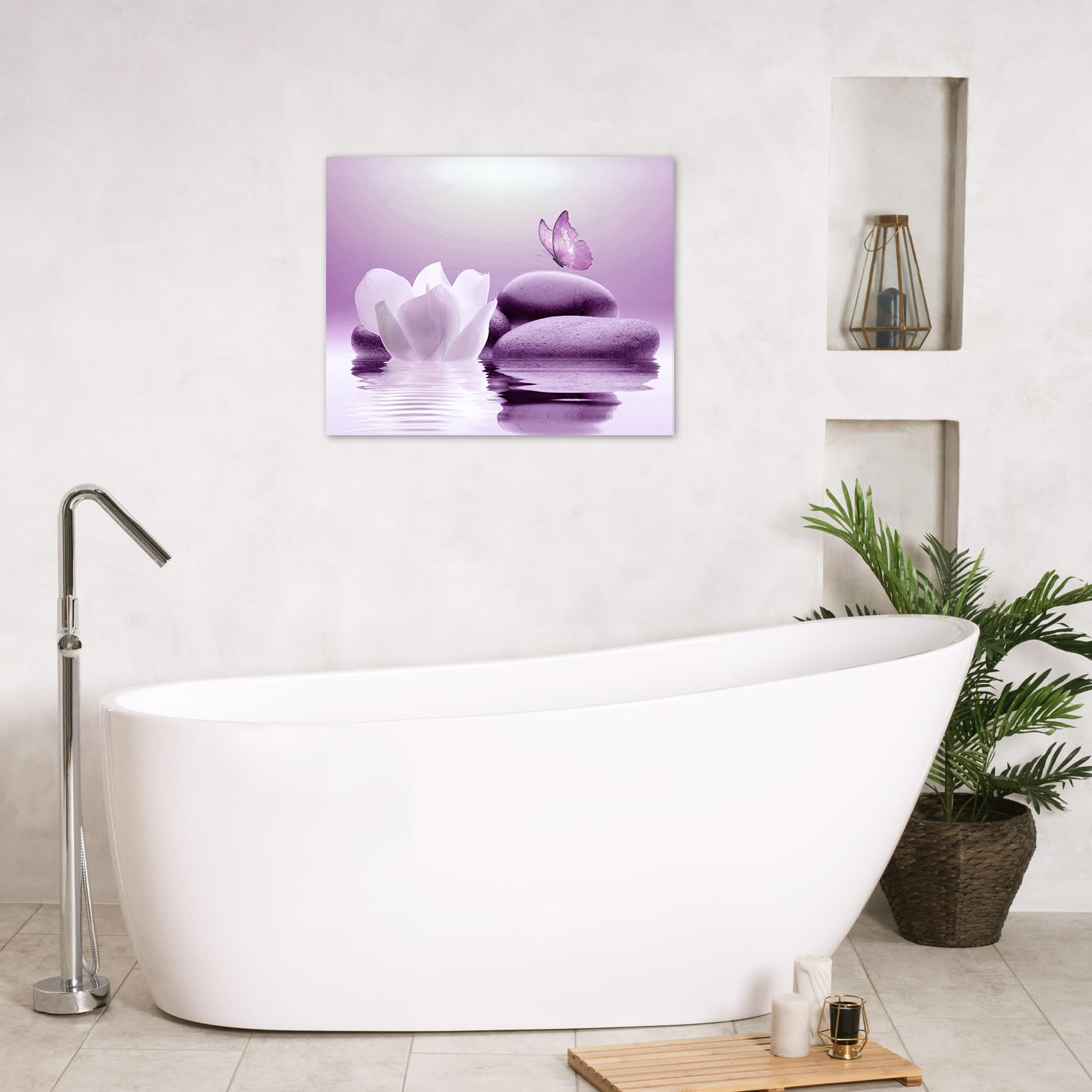Eobtain Zen Stone Canvas Wall Art Water Lily And Purple Butterfly On The Lake Wall Art For Bathroom Living Room Bedroom Spiritua