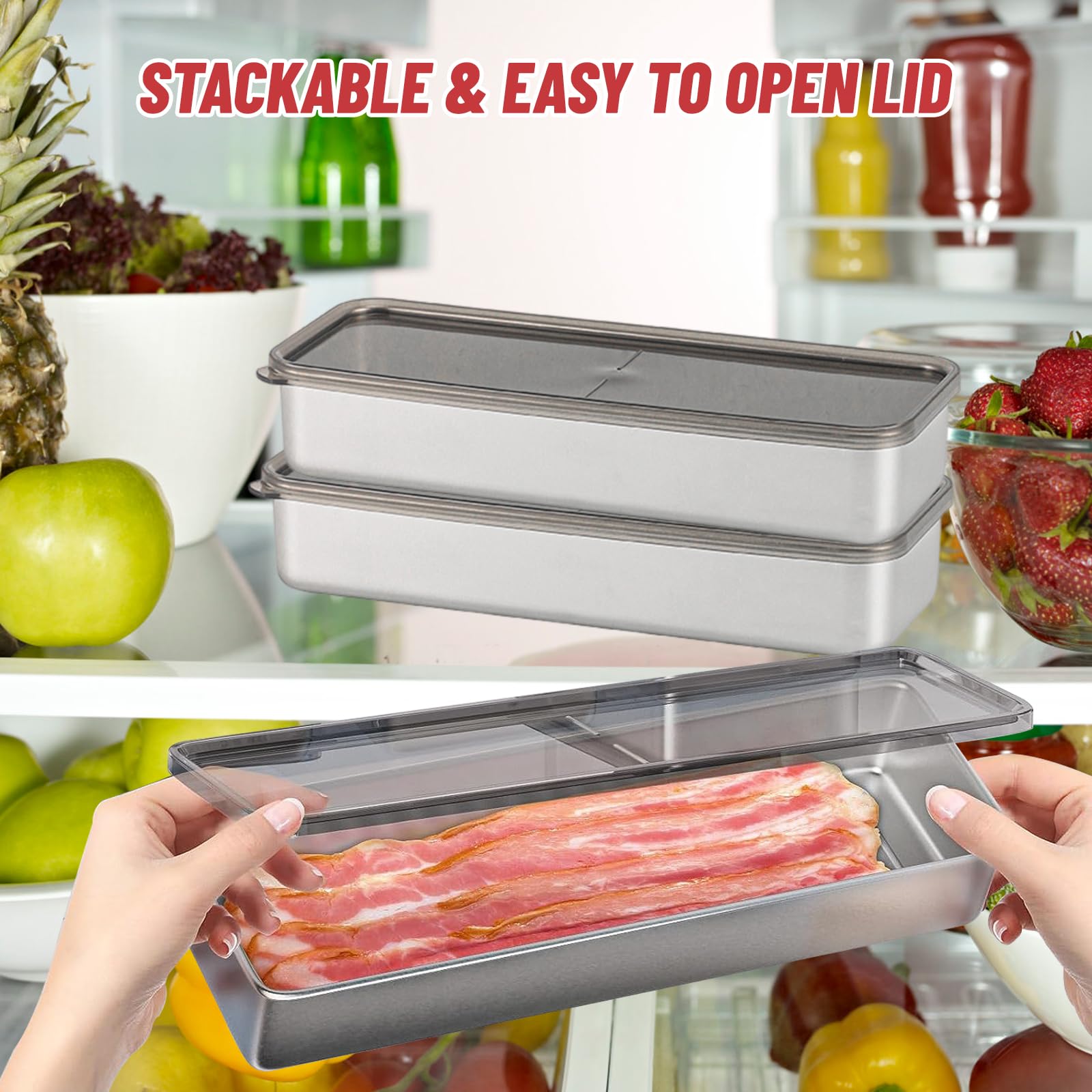 Bigking 2 Pack Bacon Keeper Container, Cheese Container For Fridge,Lunch Meat Container For Refrigerator, Stainless Steel Deli C