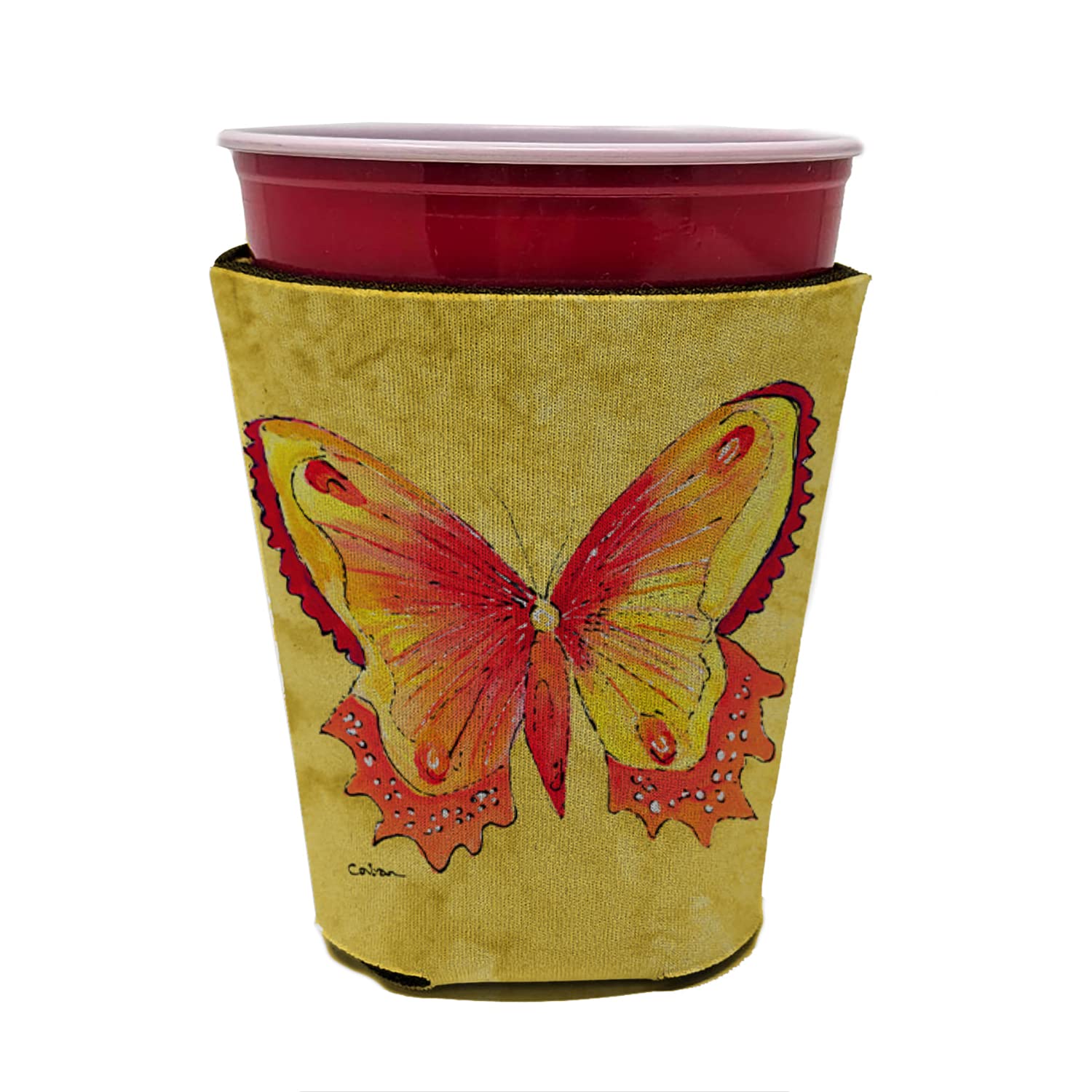 Butterfly on Yellow Red Solo Cup Beverage Insulator Hugger