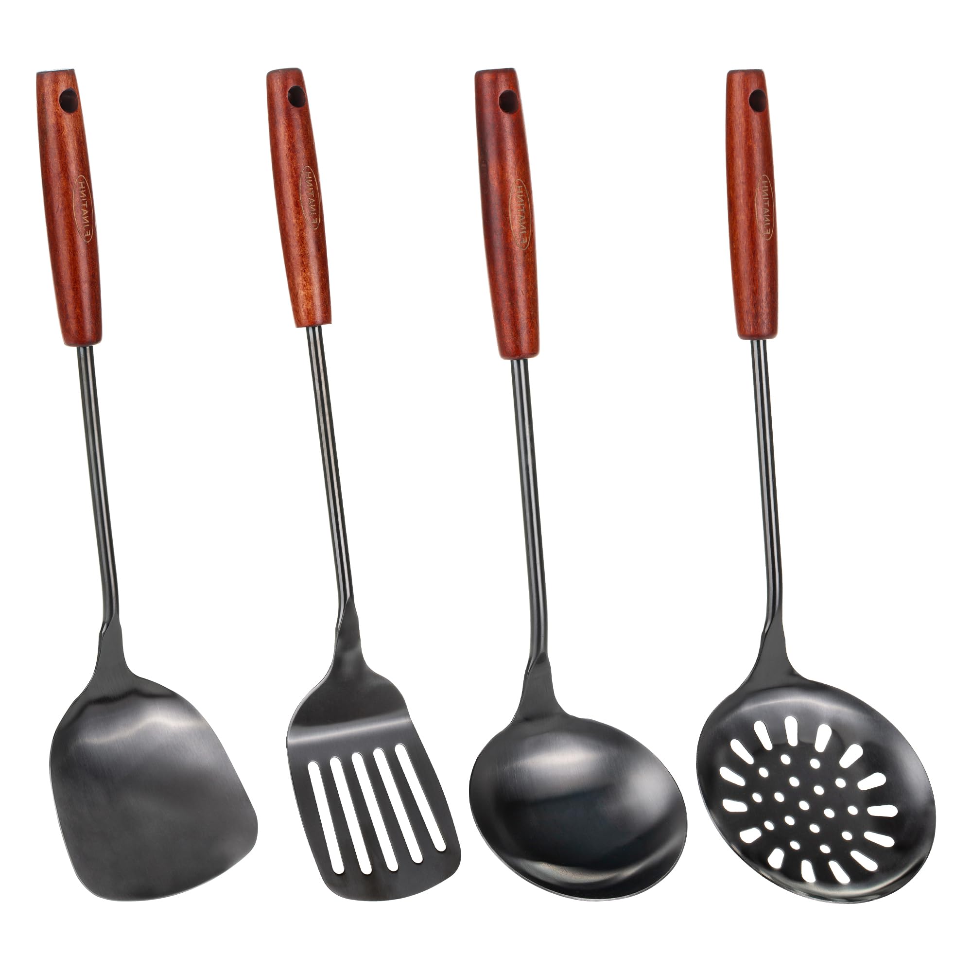 FJNATINH 17inch Wok Spatula and Ladle, Skimmer Spoon, Slotted Turner Spatula Set 304 Stainless Steel Kitchen Utensils Sets, 4-Pi