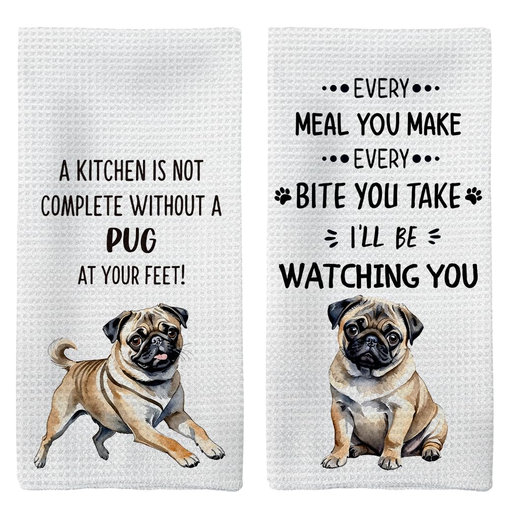 Tzhim Pug Gifts Kitchen Towels Set Of 2, Pug Gifts For Pug Lovers Women, Pug Mom Gifts, Pug Decor Hand Towels, Pug Dog Dish Towe