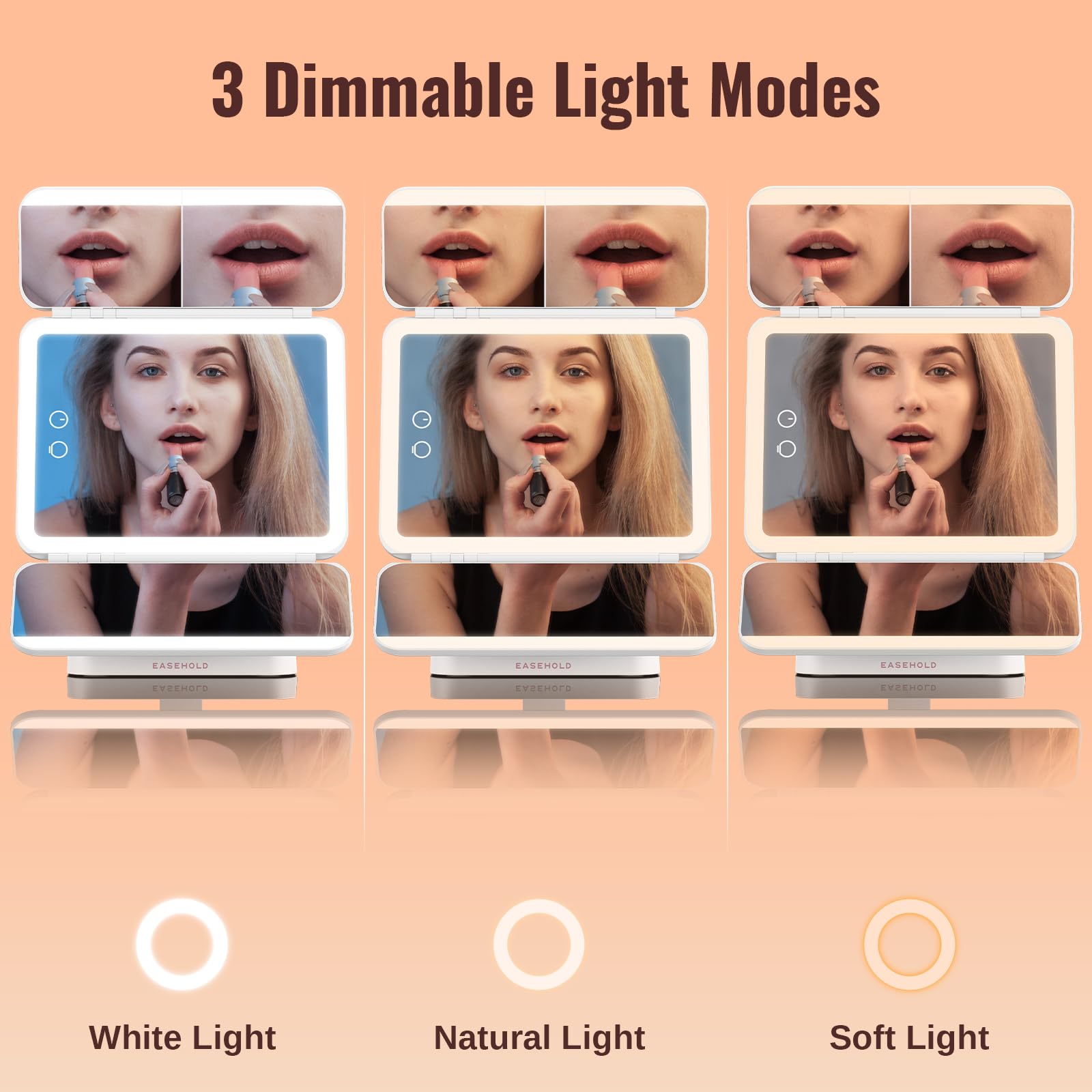 Easehold Lighted Makeup Mirror With Magnification, Makeup Mirror With Ligths, 2X 3X 10X Magnifying, Rechargable Led Mirror With