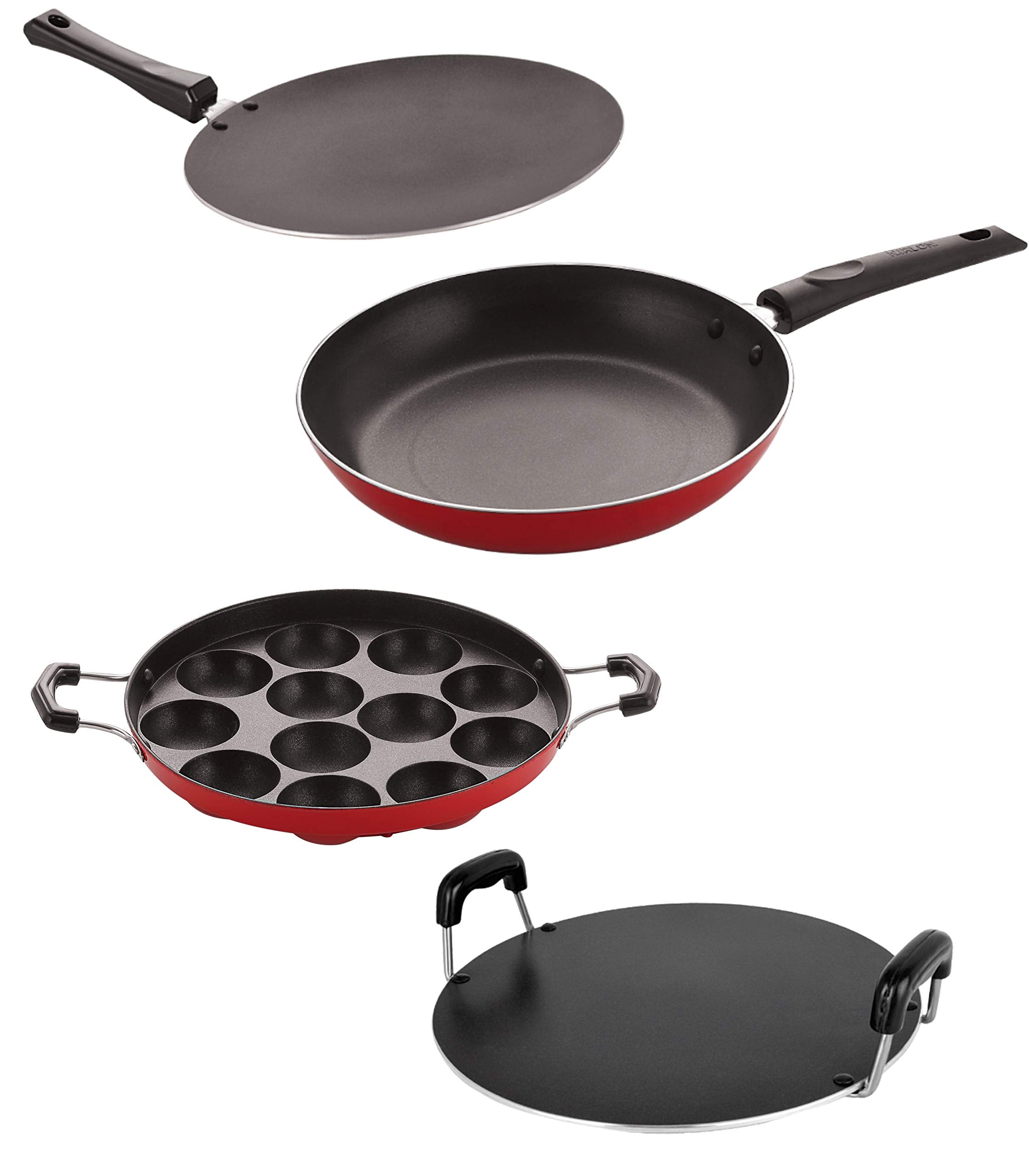 Nirlon NonStick Aluminium Cookware Set Of 4 Pieces Red Color(26_Ct_Appampatra_Rt_Tp24)