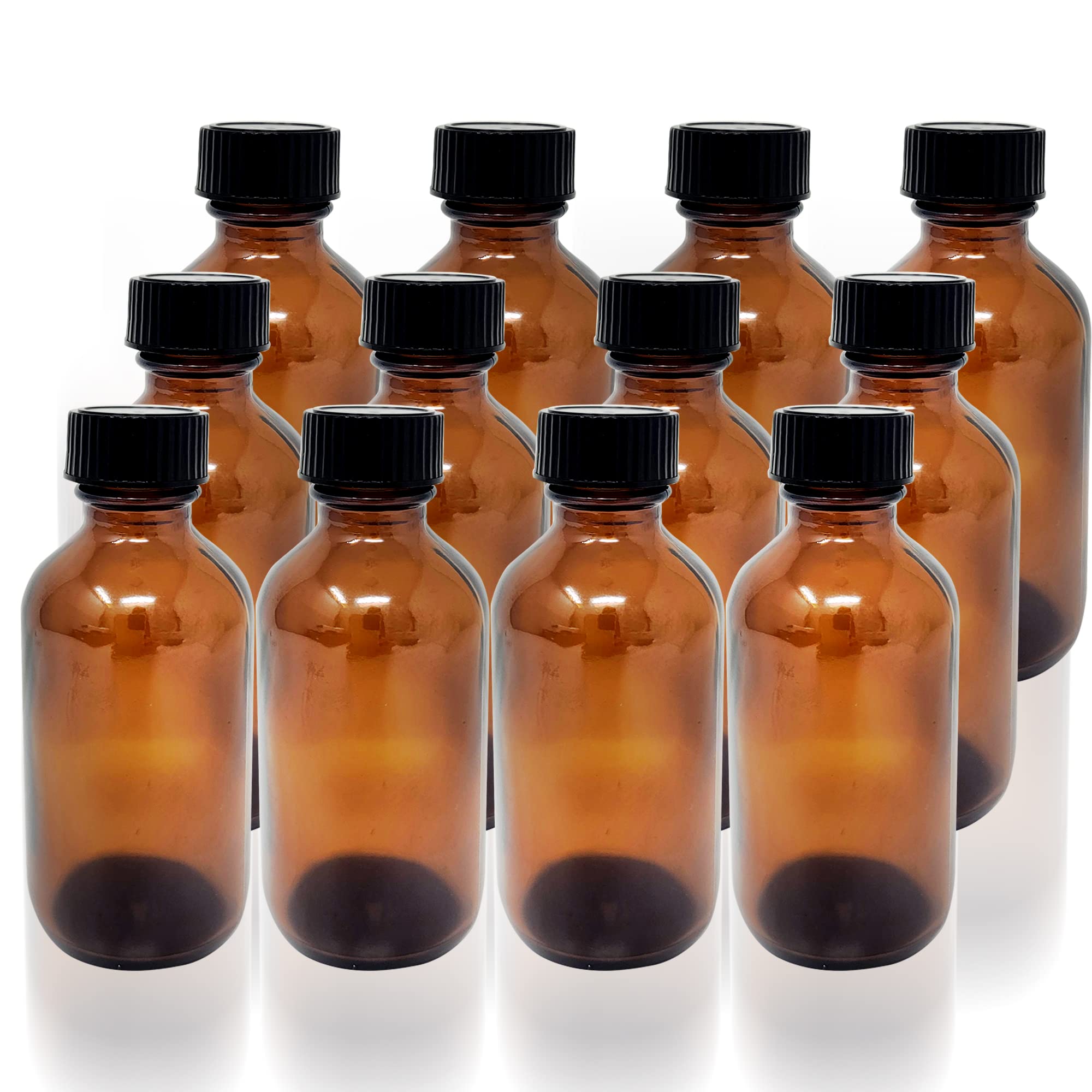 12 Pack (2 Oz) 60Ml Essential Oil Amber Glass Bottles - Round Boston Empty Refillable Amber Bottle For Many Liquids And Fragranc