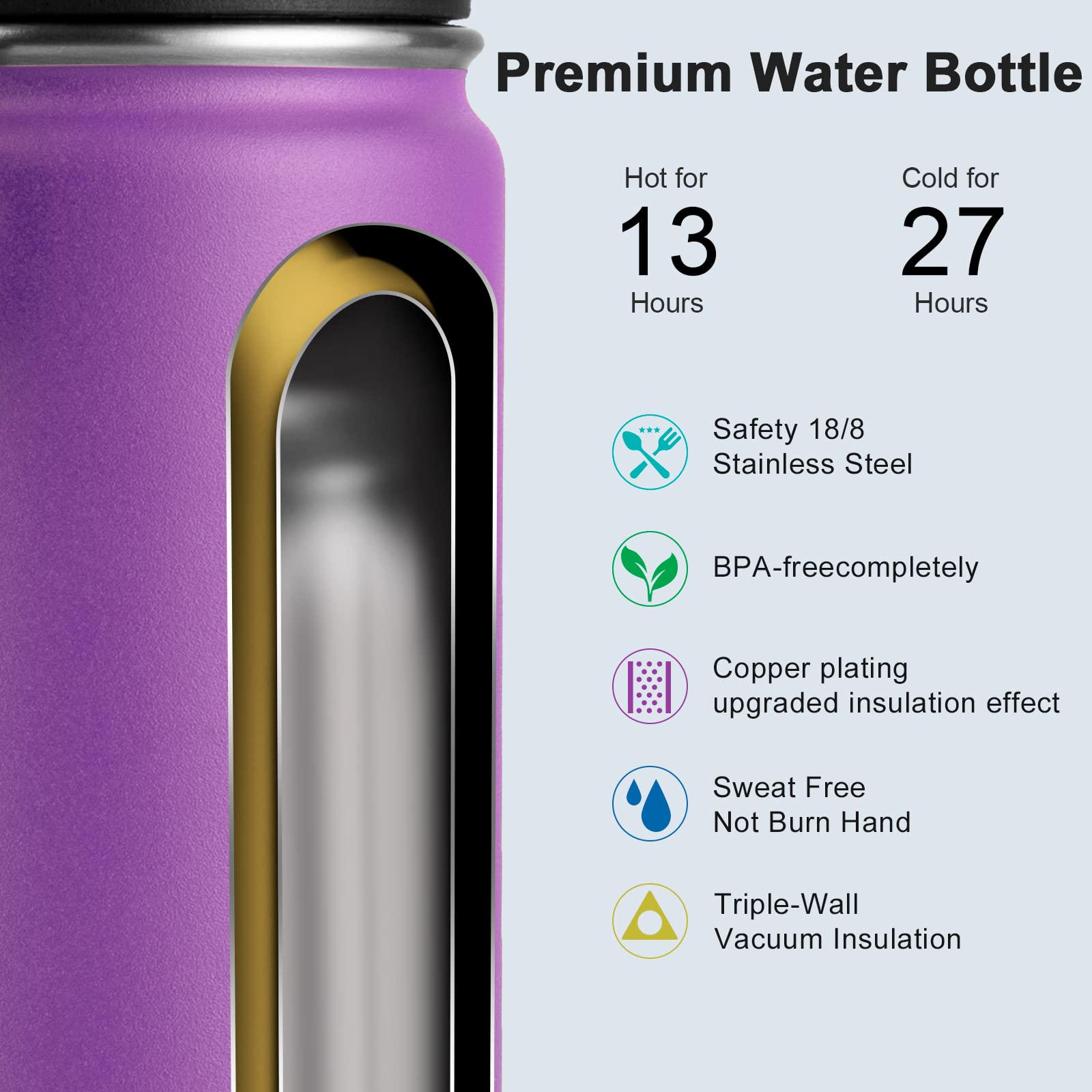 Koodee Water Bottle -16 Oz Stainless Steel Vacuum Insulated Metal Water Bottle For Girls, Sports Water Bottle For School 2 Pack