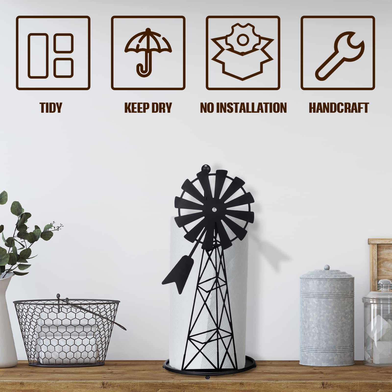 Vesici Windmill Paper Towel Holder Western Standing Paper Towel Roll Holder Black Countertop Roll Holder Metal Farmhouse Farm De