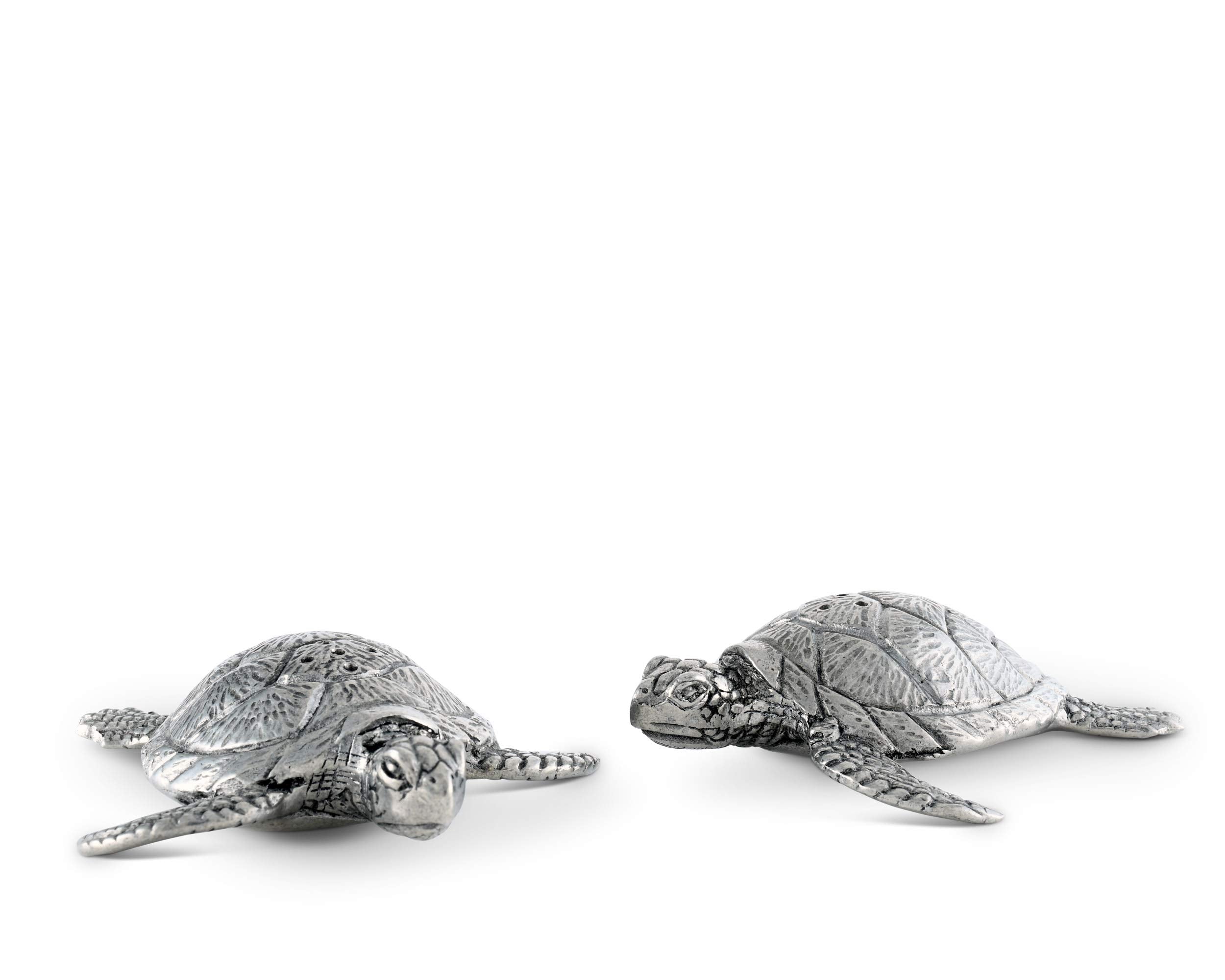 Vagabond House Pewter Metal Sea Turtles Salt & Pepper Shaker Set - Beach Artisanal Sculpture 3.5 Inch Long