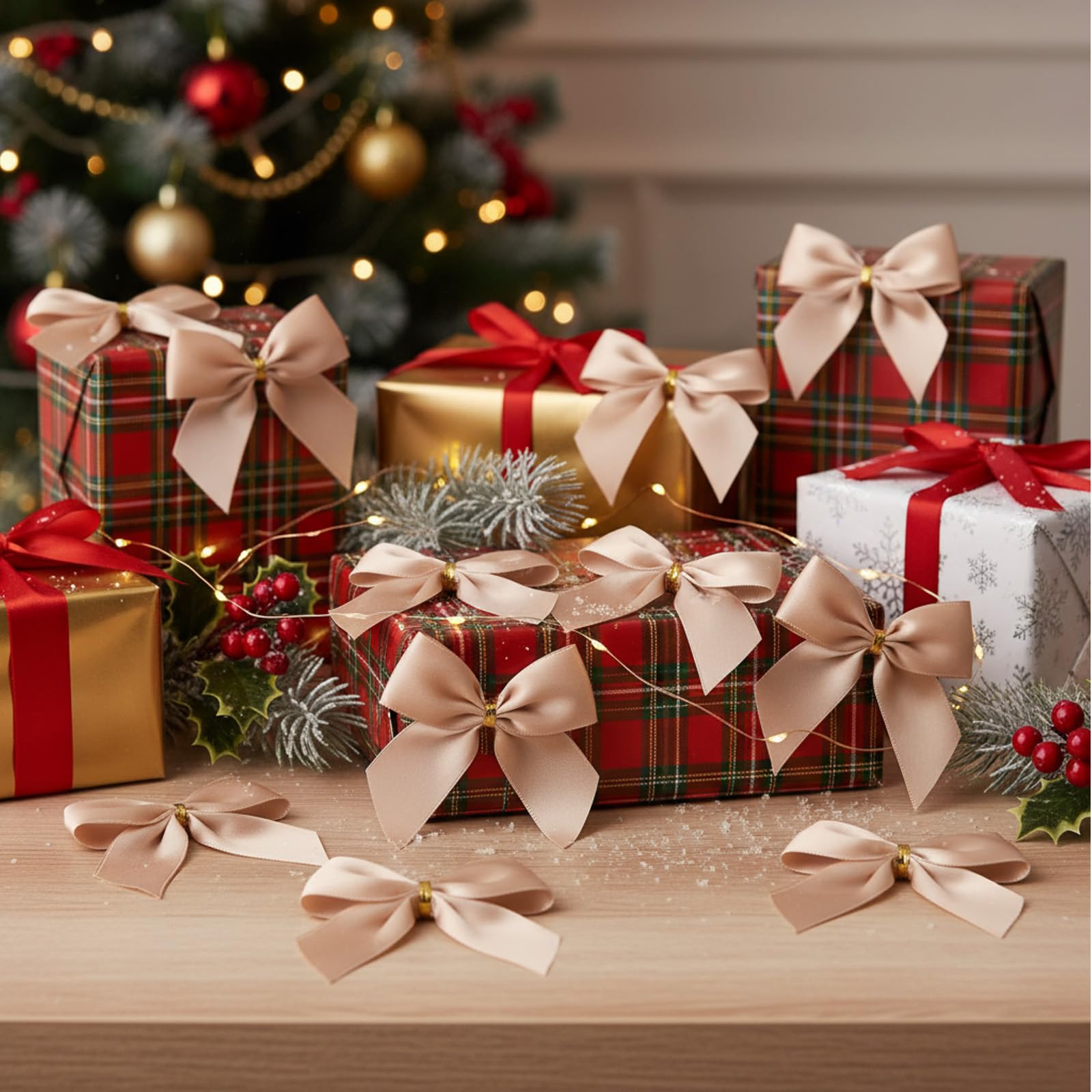 Sumind 48 Pcs Christmas Ribbon Mini Satin Twist Tie Bows Mini Ribbons 3 Inch Wreath Ornaments for Christmas Tree Xmas Decor Pack