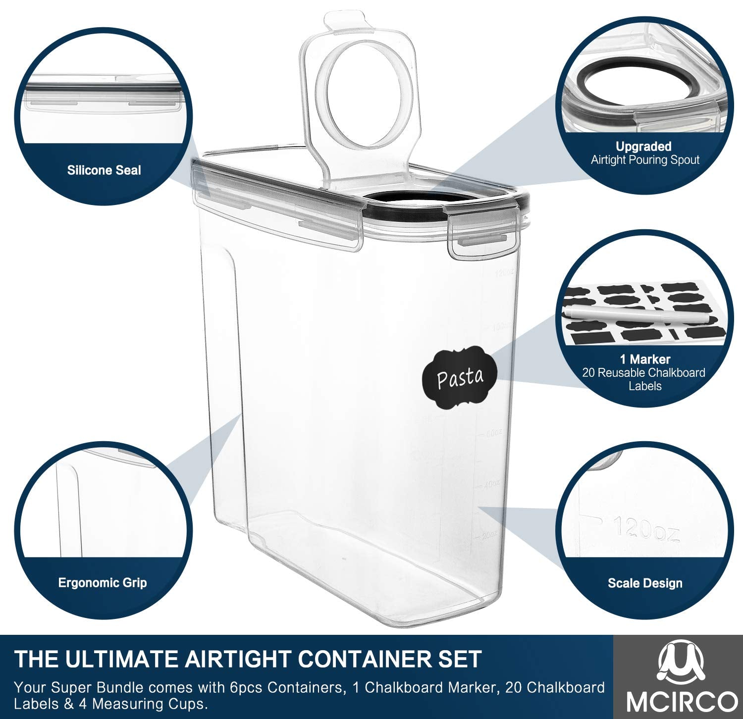 Cereal Container Set  MCIRCO Airtight Food Storage Containers ((4L /135.2oz) Set of 6  BPA Free Cereal Dispensers with Measuring Tools