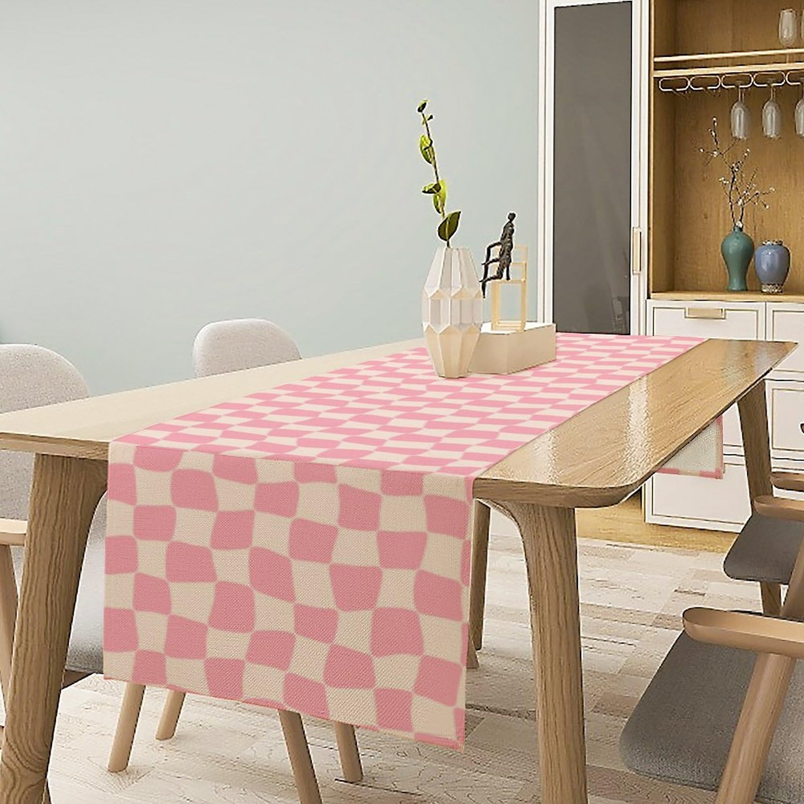 Boho Hippie Table Runner Groovy Pink Twisted Checkered Funky Modern Geometric Dinner Runner for Living Room Kitchen Party Holida