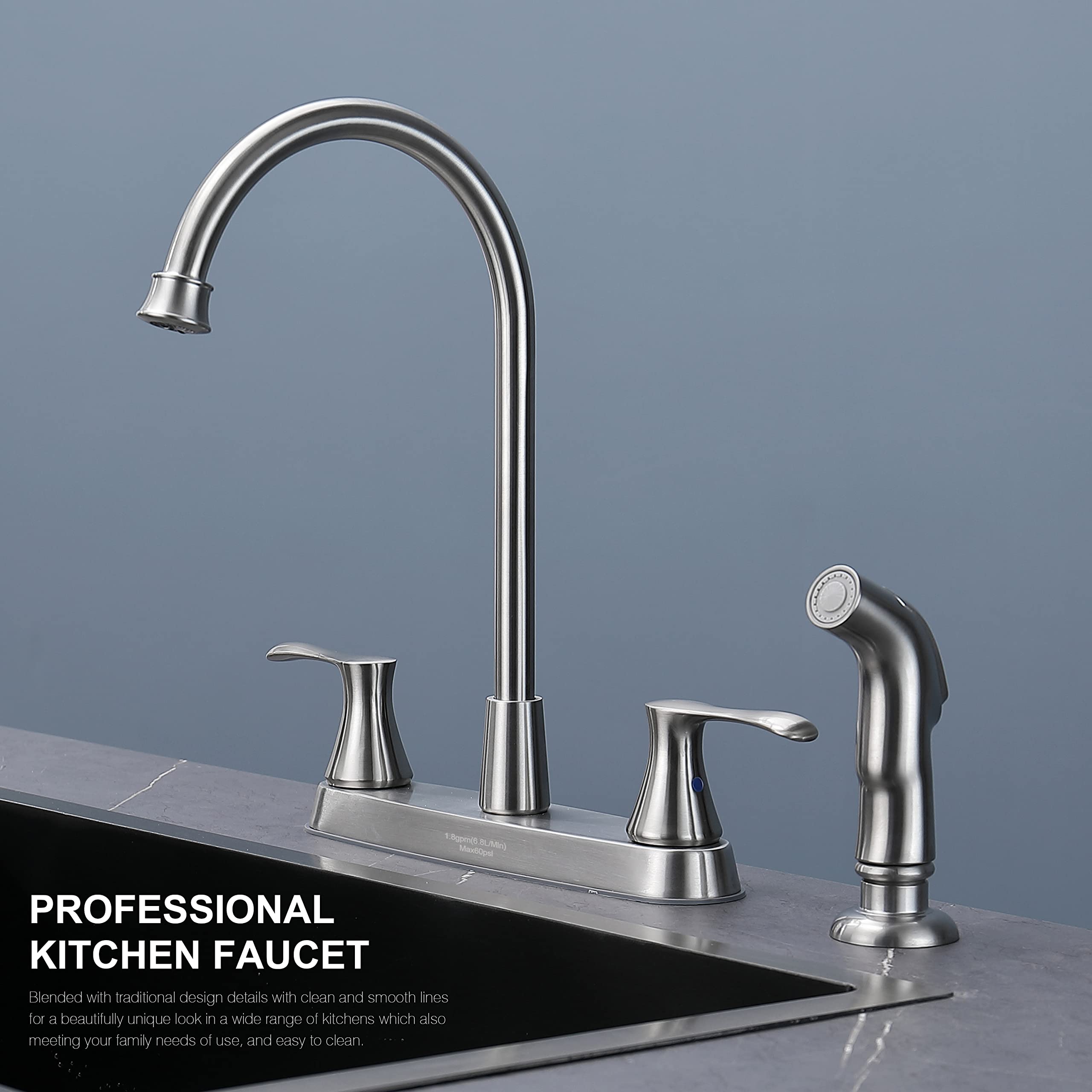 Kirlystone Kitchen Faucet With Side Sprayer, Brushed Nickel 2-Handle Faucet For 4 Holes Kitchen Sink