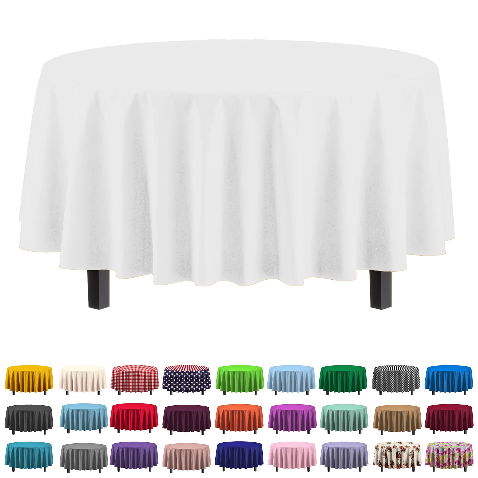 Exquisite 6-Pack Premium Plastic Tablecloth 84In. Round Plastic Table Cover - White