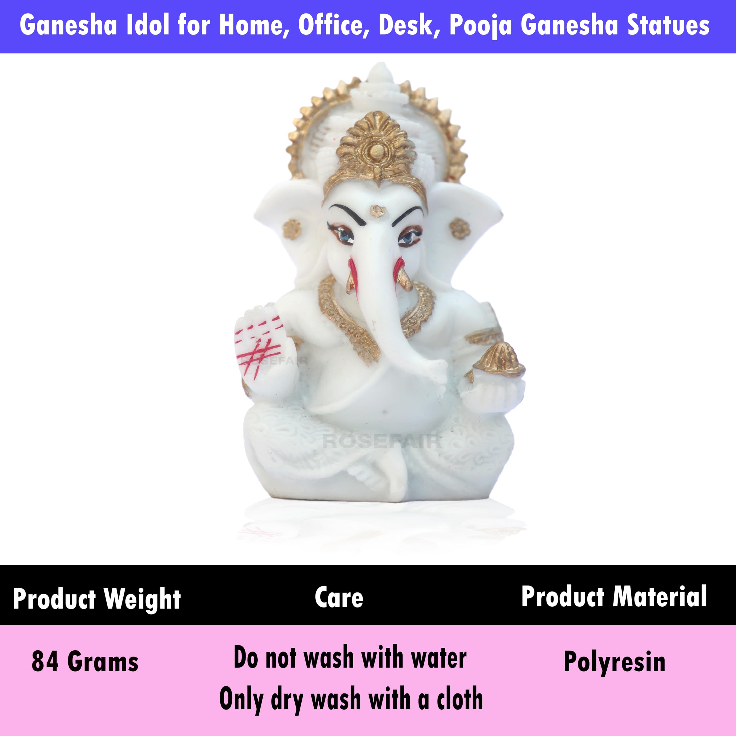 Rosefair Ganesh Statue For Car Dashboard  Resin, 3.5 Inch | Baby Ganesha Idol For Home, Office, Desk, Pooja | Ganesh Festival De