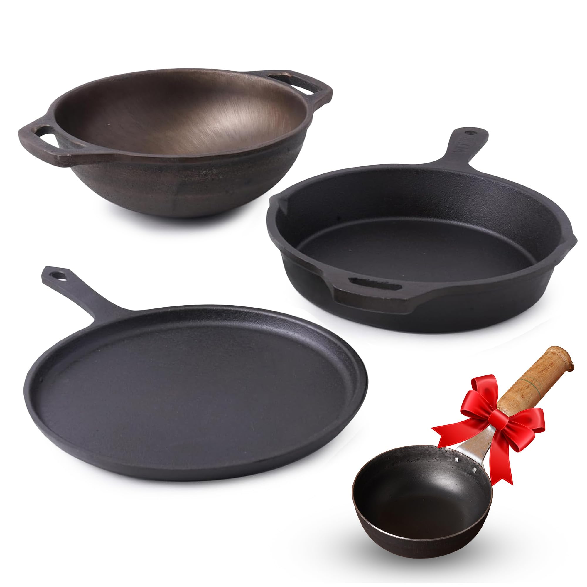 The Indus Valley Pre-Seasoned Cast Iron Cookware Set | Tawa(25.2Cm), Fry Pan (25Cm), Wok Model Kadai (20.8Cm) & Tadka Pan (16.4C