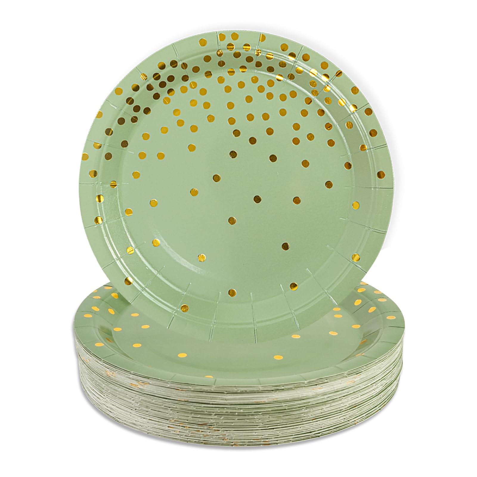EVYIENEN 50Pcs Sage green and Gold Paper Plates, 9inch Metallic Foil Polka Dots Disposable Dessert Party Supplies for Graduation