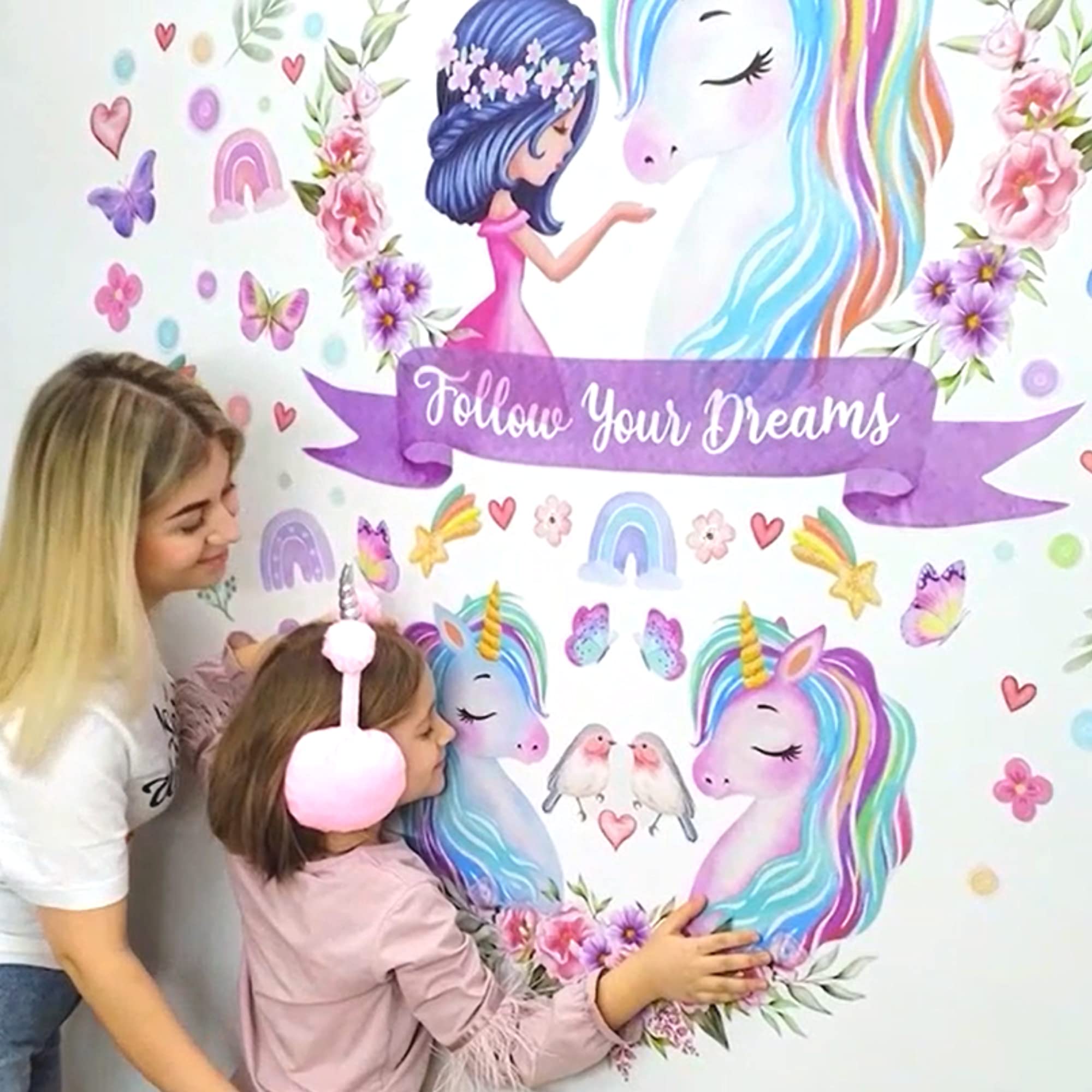 4 Sheet Large Unicorn Wall Decals for Girls Bedroom Unicorn Wall Decor Unicorn Wall Stickers Birthday Gifts Unicorn Bedroom Decor for Girls Rainbow Wall Decal Black Girls Kids Nursery Room Decor