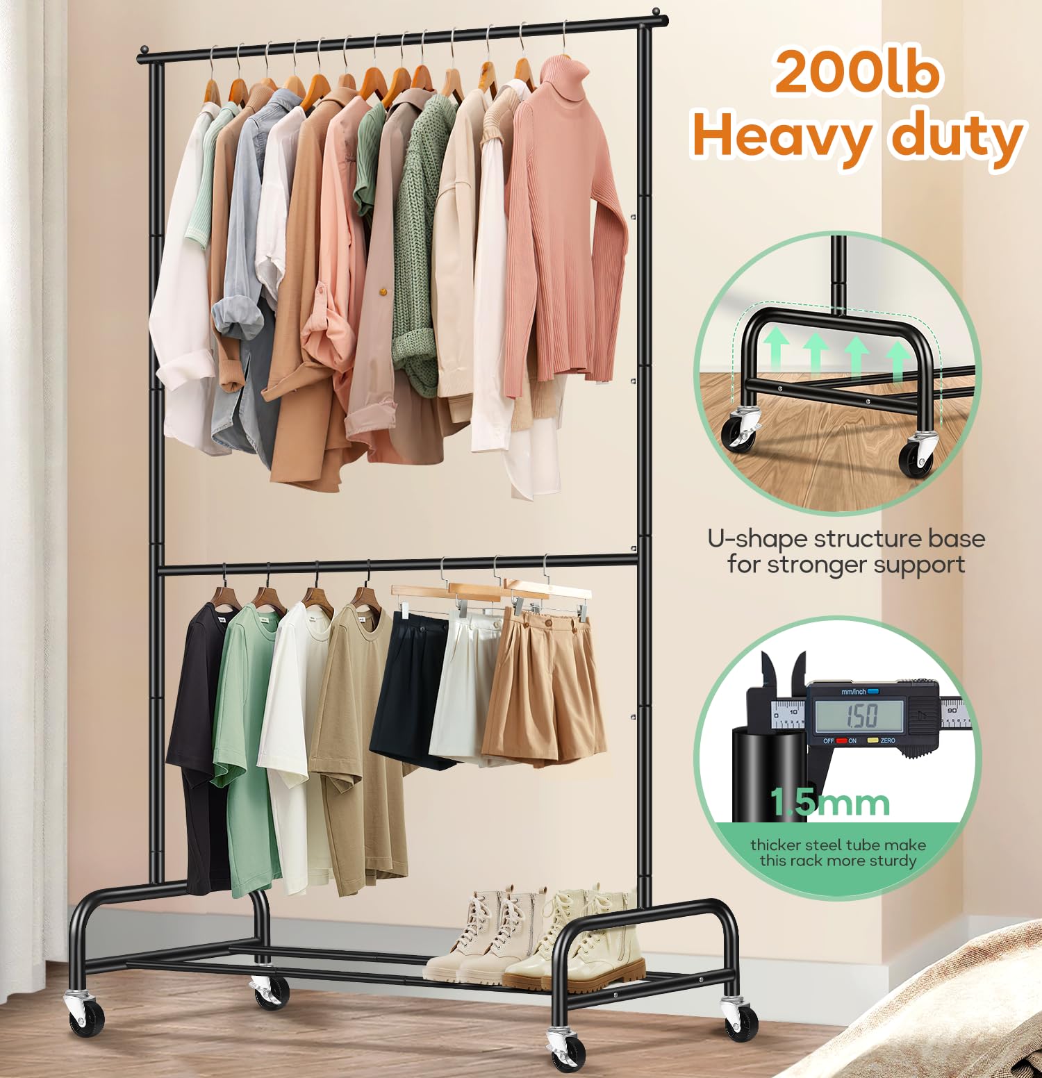 Sleeping Lamb Double Rod Heavy Duty Clothes Racks For Hanging Clothes Rack, Metal Rolling Garment Rack With Wheels Clothes Hange