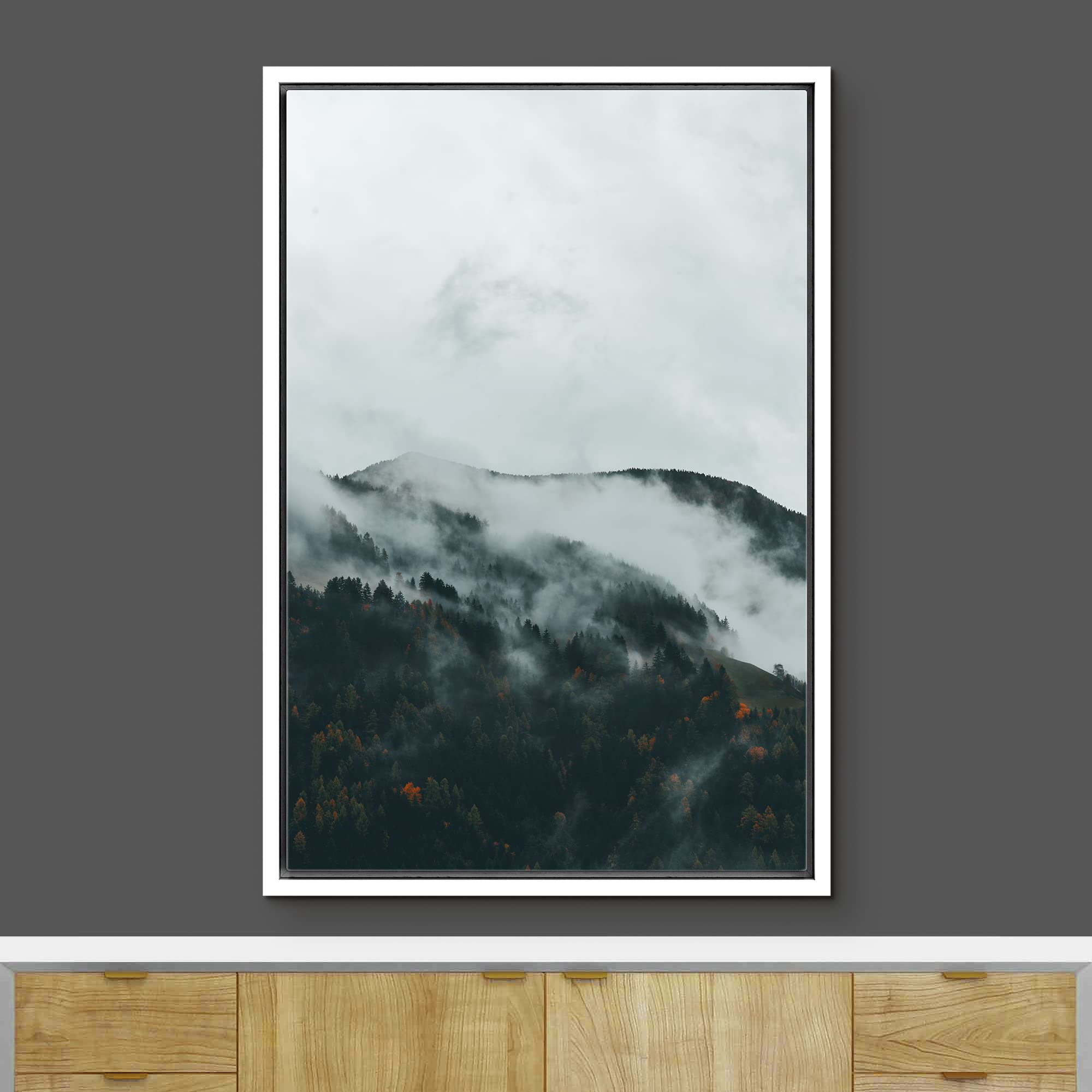 Ashbrook Framed Canvas Print Wall Art Clouds And Dog Over Mountain Forest Nature Wilderness Photography Modern Rustic Scenic Mul