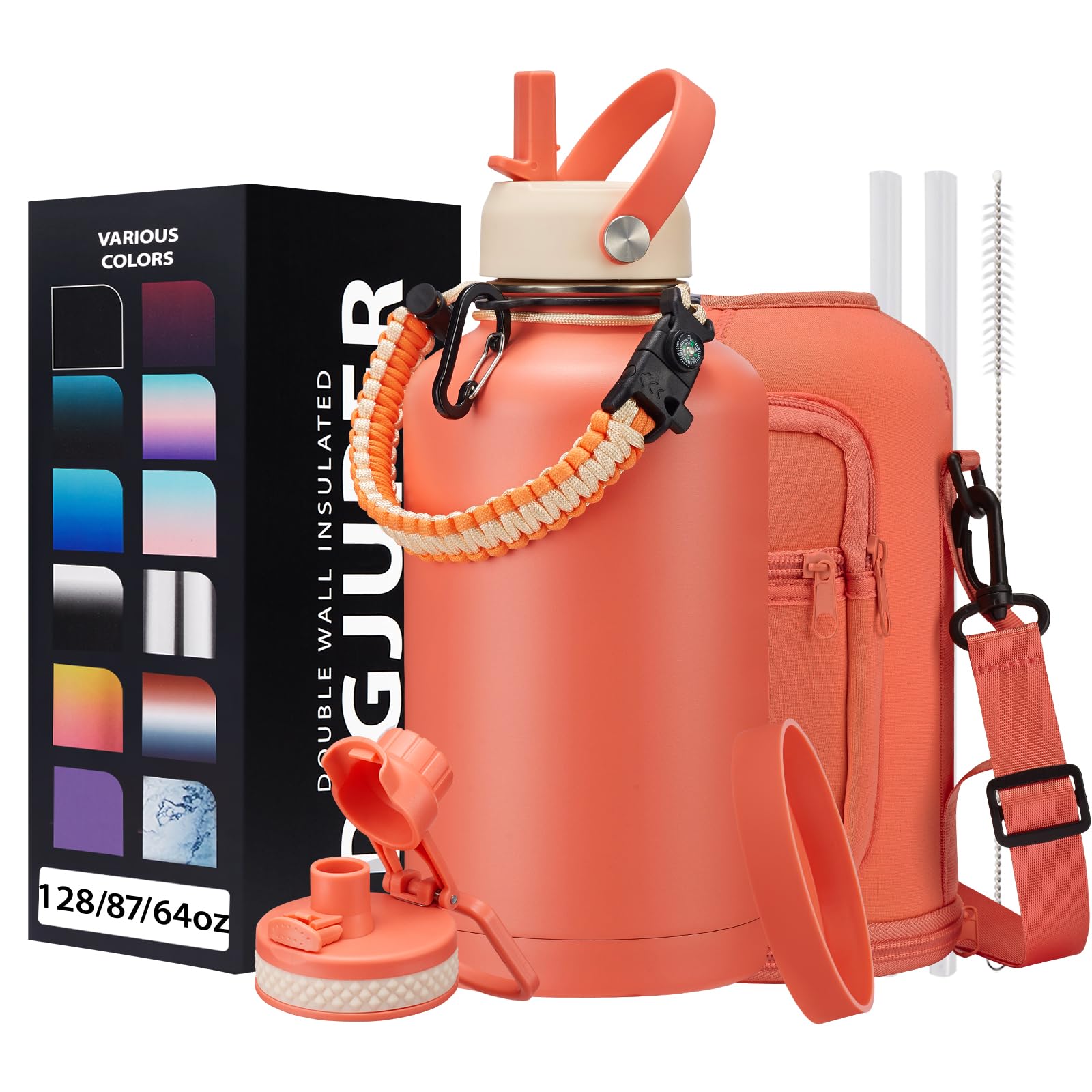64oz Insulated Water-Bottle with Strap - Half Gallon Water Jug with Straw & Spout Lid, 2 Liter Stainless Steel Water Bottle Leak