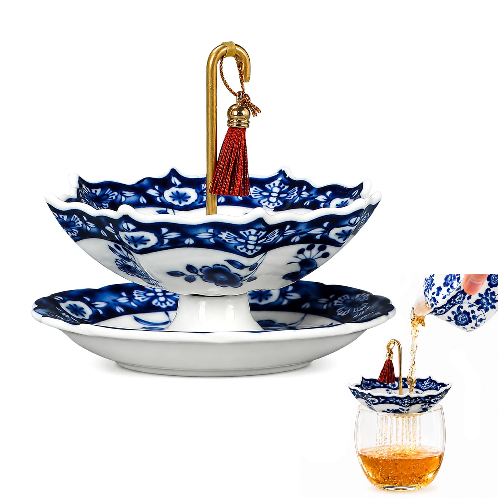 Umbrella Shape Ceramic Tea Strainer with 360 Rotating Drip Tray, Blue and White Porcelain Loose Leaf Tea Filter for 2.54 Inch C