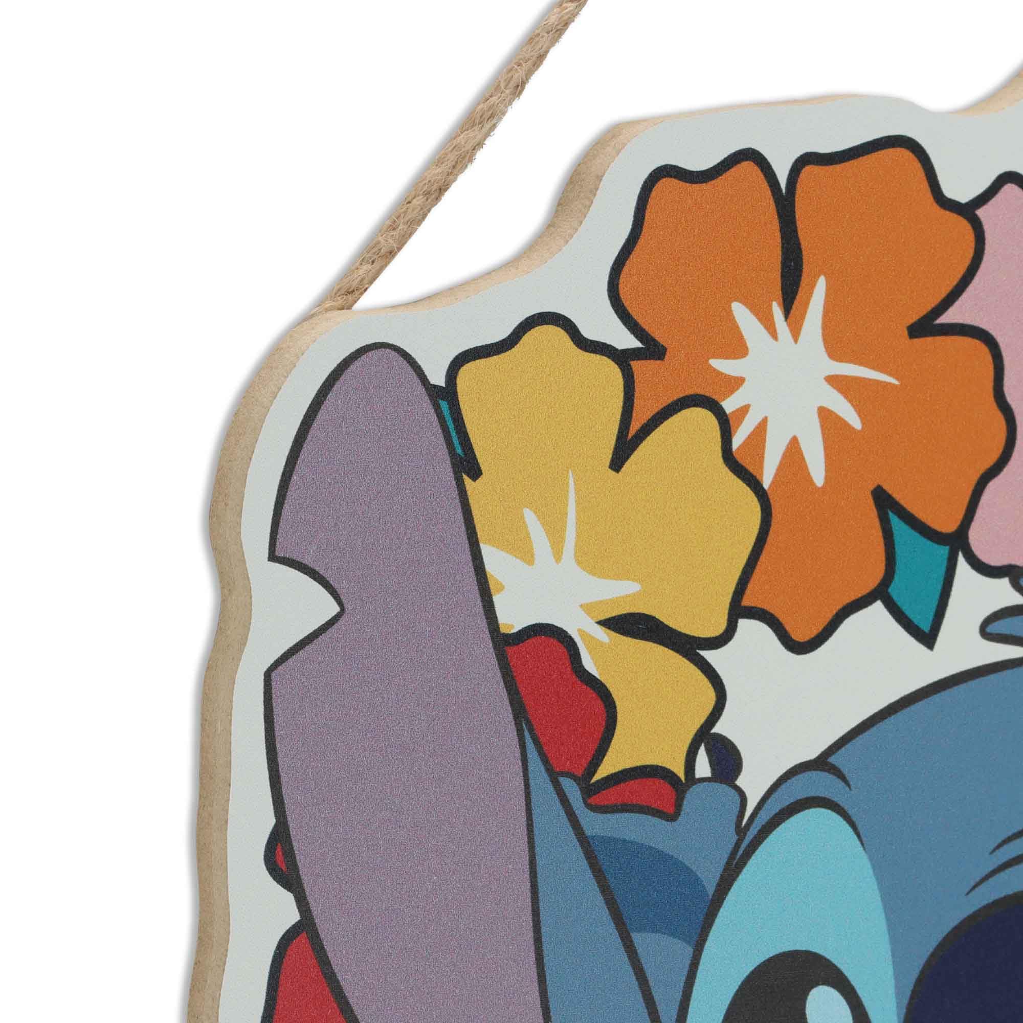 Disney Lilo and Stitch Floral Lei Hanging Wood Wall Decor - Cute Stitch Sign for Home or Beach House