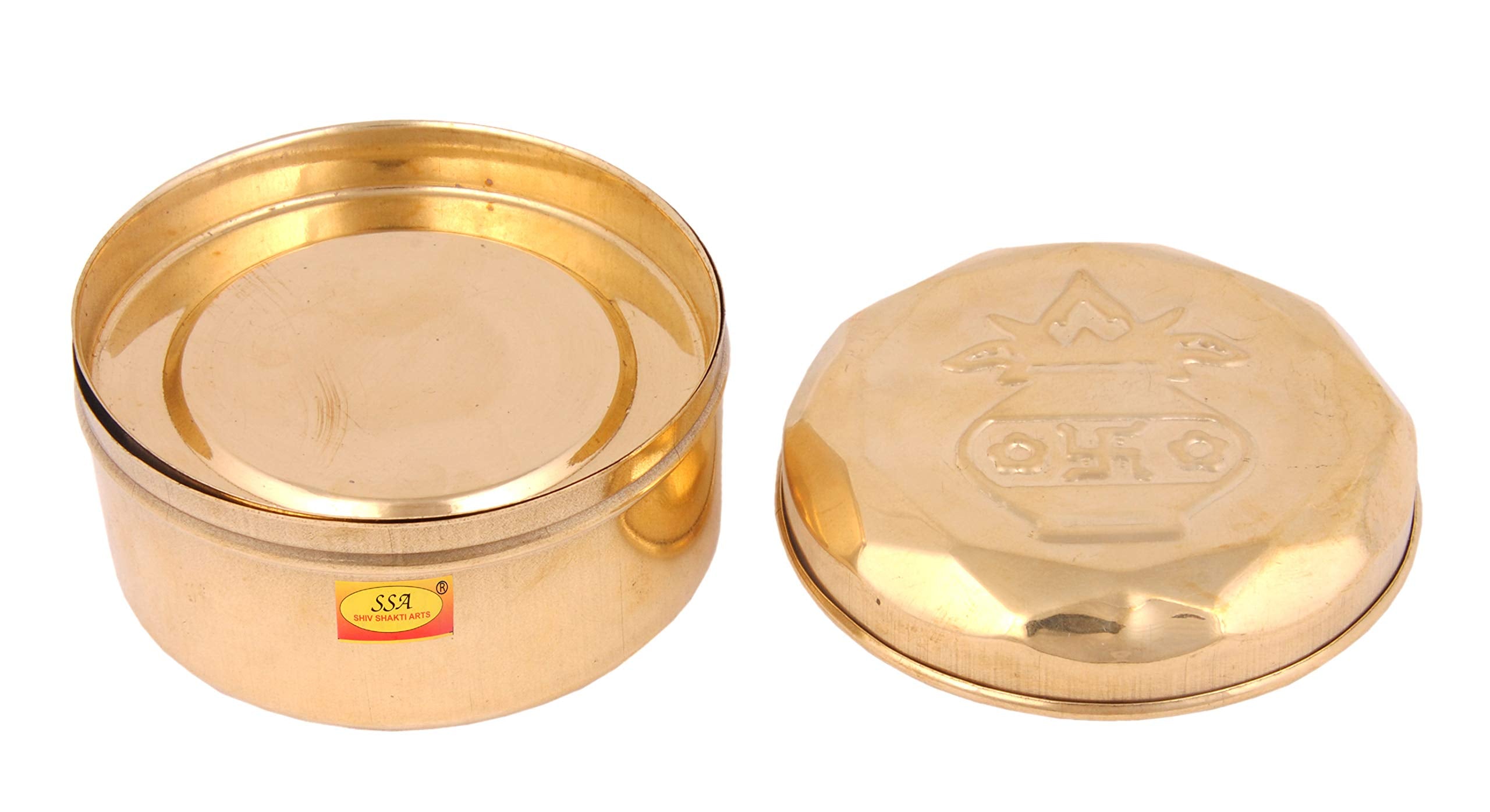 Shiv Shakti Arts Pure Brass Box - Small Mandir Roli / Chawal / Chandan /Kumkum Puja Box / Dibbi With 5 Containers (Small | Diame