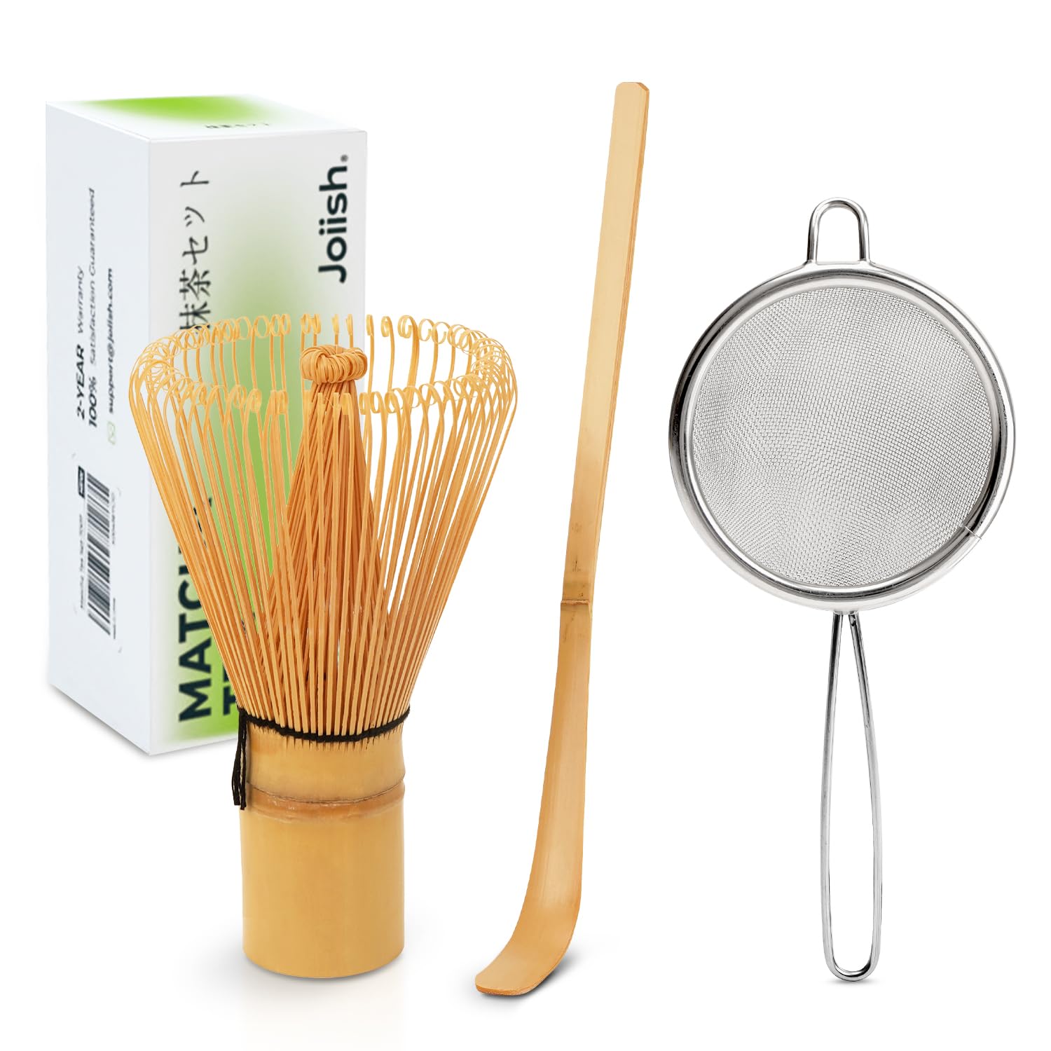 Joiish Traditional Matcha Starter Set, Bamboo Whisk (Chasen), Scoop (Chashaku), Stainless Steel Sifter, Basic Matcha Tea Making