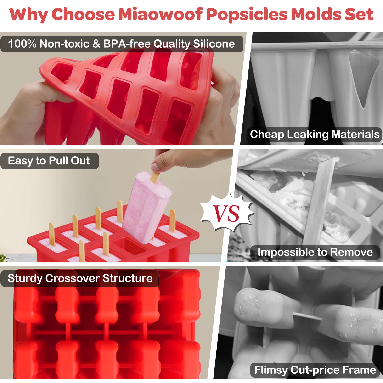 Miaowoof Homemade Popsicle Molds, 10-Cav Non-Bpa Silicone Ice Pop Maker, With 50 Sticks, 50 Bags, 10 Reusable Sticks, Funnel, Br