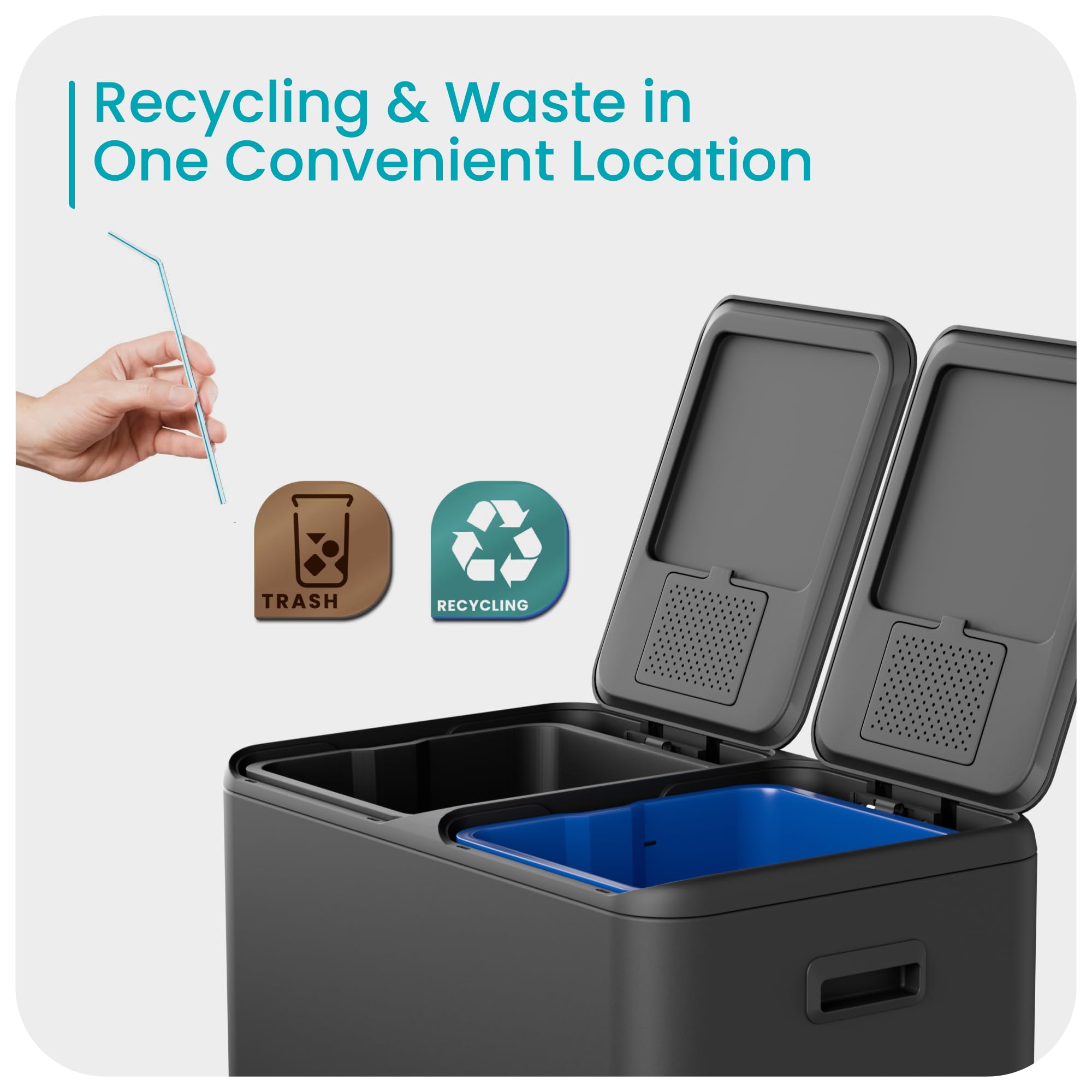 Home Zone Living 15.8 Gallon Kitchen Trash Can With Dual Removable Liners For Recycling And Trash, Stainless Steel Build With So