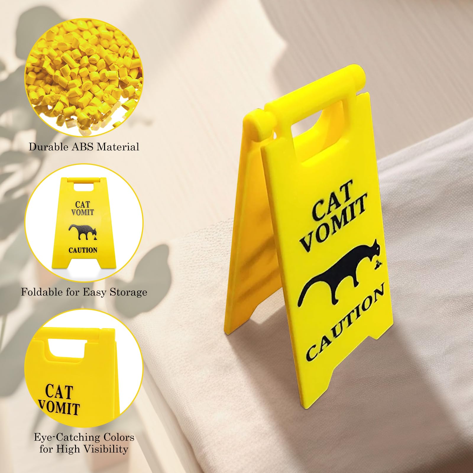 3Pcs Cat Vomit Caution Sign, Funny Cat Vomit Sign with Mini Fence and Woven Cat Coaster 3D Printed Cat Warning Signs Double Side