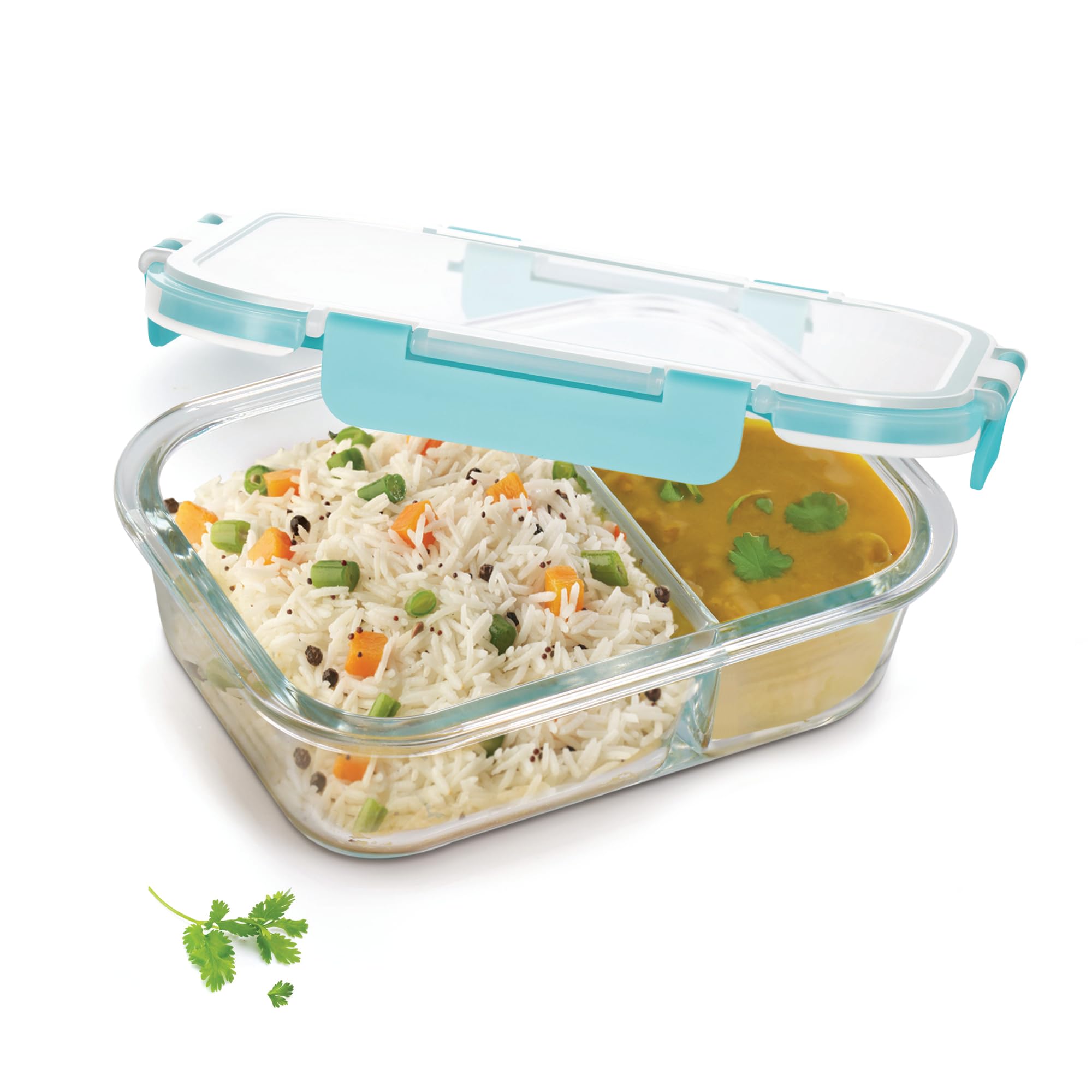 Treo By Milton Clip Fresh Rectangular Divider Container, Microwave Safe, Hi Borosilicate Glass Lunch Box For Office Use - Clip L