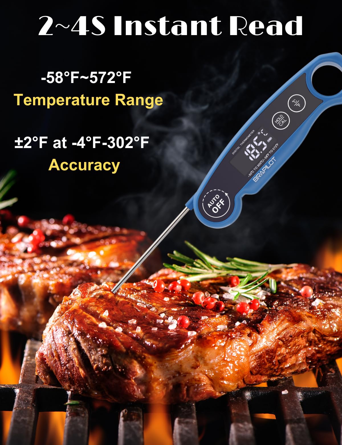 Brapilot Meat Thermometer Rechargeable For Cooking - 3~4S Instant Read Candy Cooking Food Thermometer, Led Display, Temperature