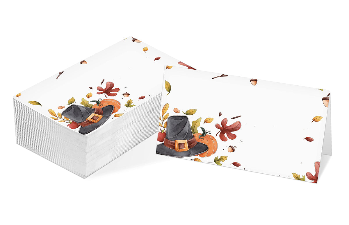Table Place Card, Fall Thanksgiving Themed Tent Style Cards, Pack Of 25 Half-Fold Reception Place Card With Top Hat And Pumpkin,