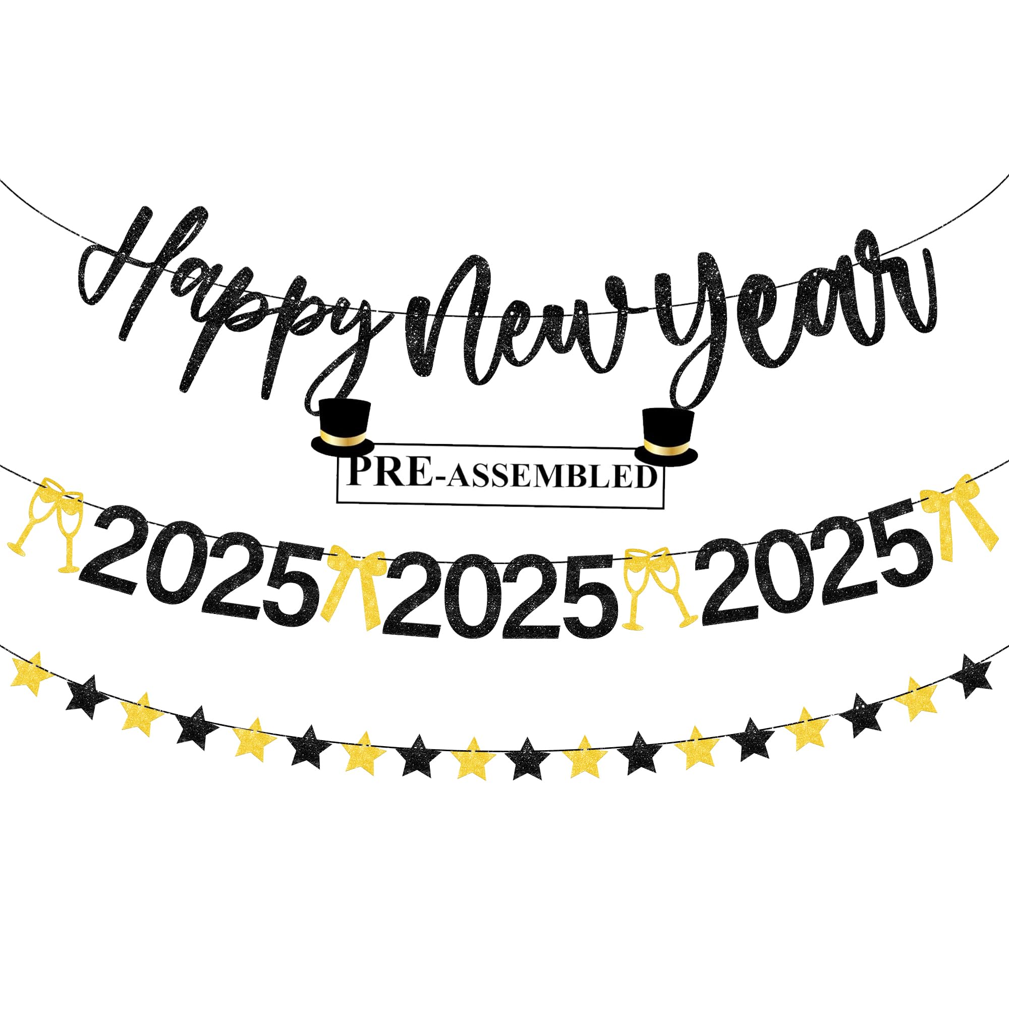 Katchon, Glitter Happy New Year Banner - 10 Feet, 3 Strings, No Diy | Black And Gold Happy New Years Banner 2025 | Happy New Yea