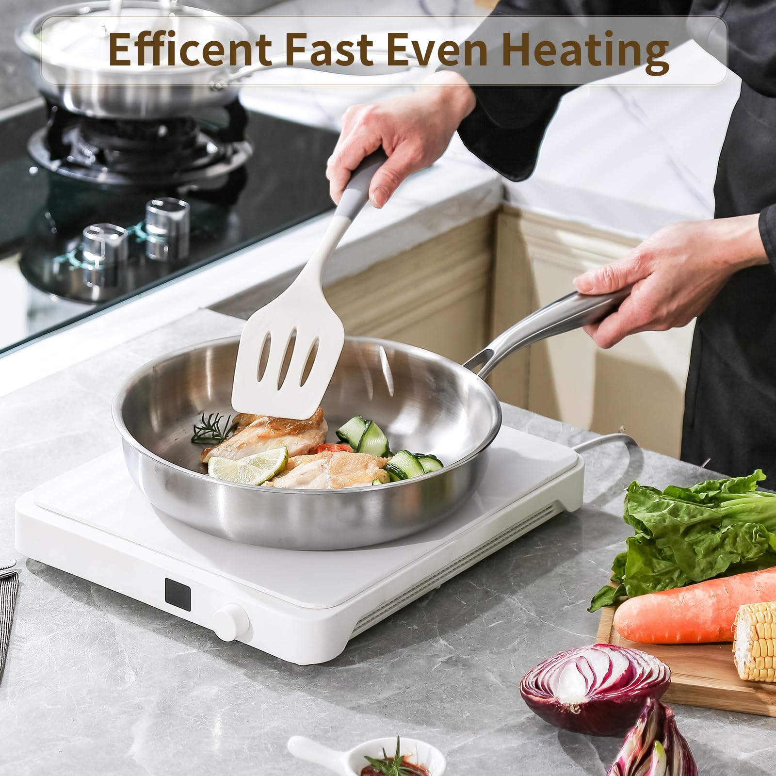 Delarlo Tri-Ply Stainless Steel 12Inch Frying Pan, All Cooktops Compatible Up To 600?, Oven Safe Induction Skillet, 12.5 Inch No