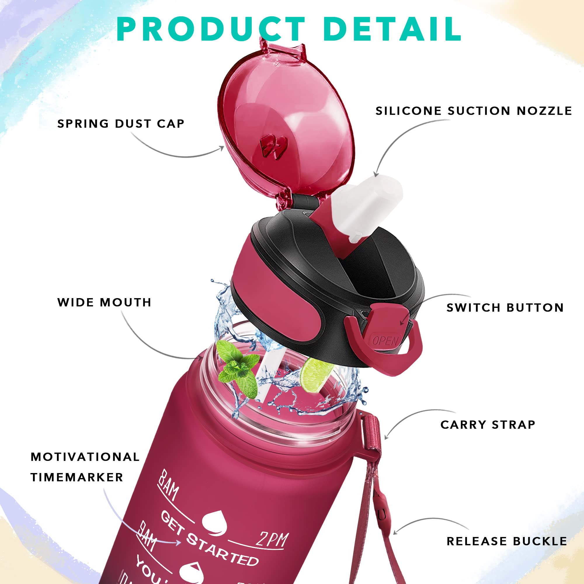 Enerbone 32 Oz Drinking Water Bottle With Times To Drink And Straw, Motivational With Carrying Strap, Leakproof Bpa & Toxic Free