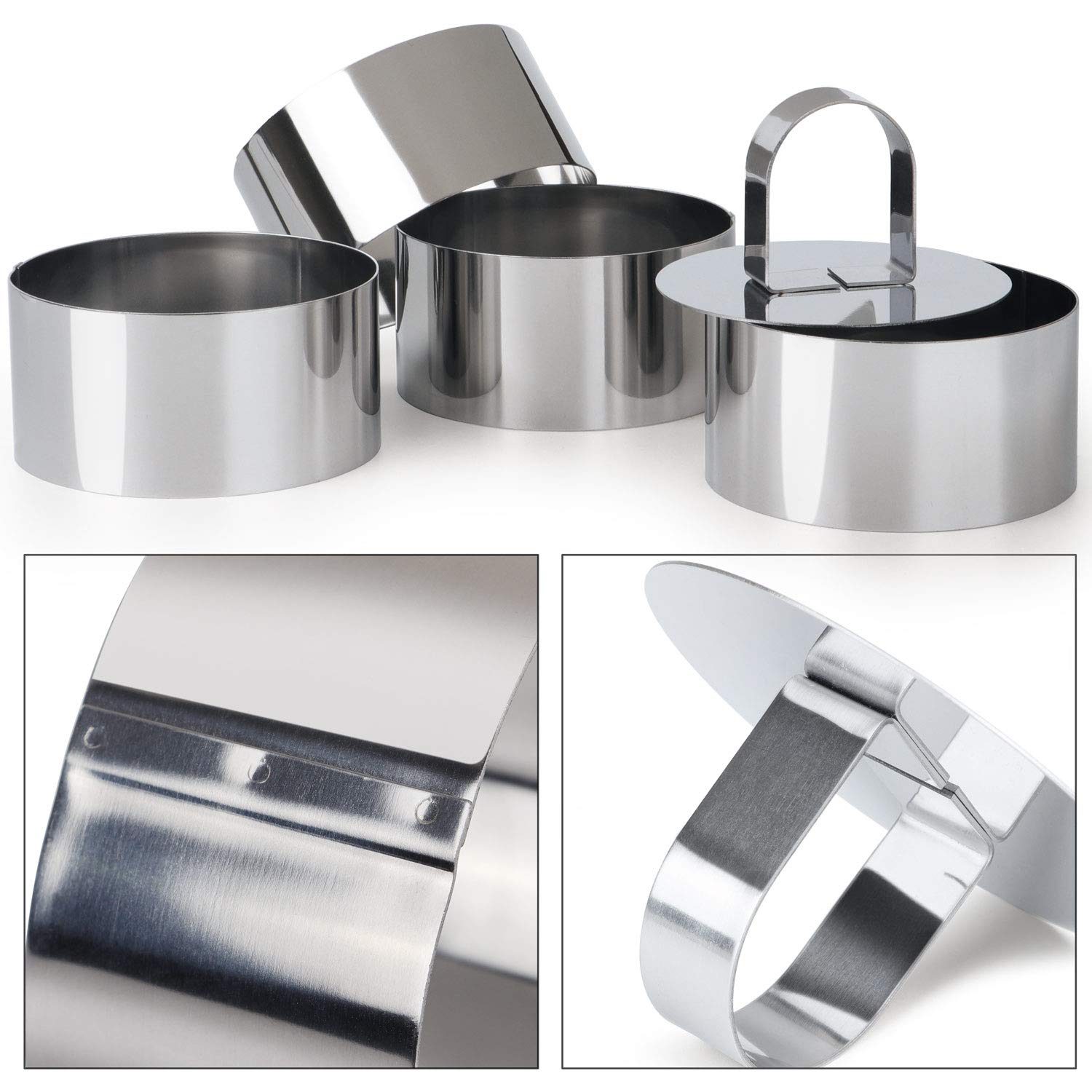 HULISEN Round Cake Ring Mold  Stainless Steel 3 inch Dessert Mousse Molds with Pusher & Lifter Cooking Rings  Tuna Tartare Mold (Include 4 Rings and 1 Pusher)