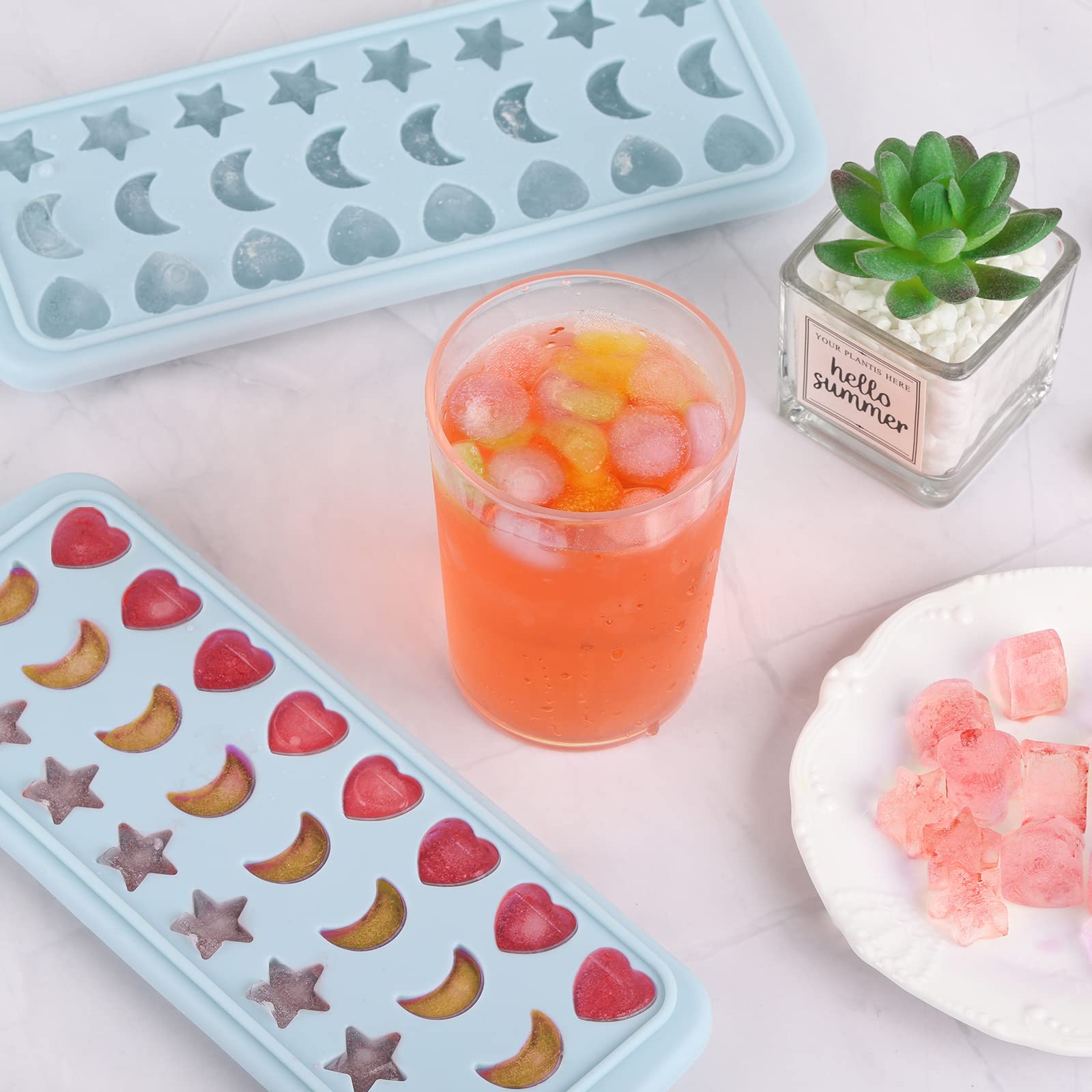 Moon Stars And Heart Ice Cube Tray Silicone Molds With Liquid Dropper,Easy Release Ice Trays With Lid, 24 Cavity Heart Mold For