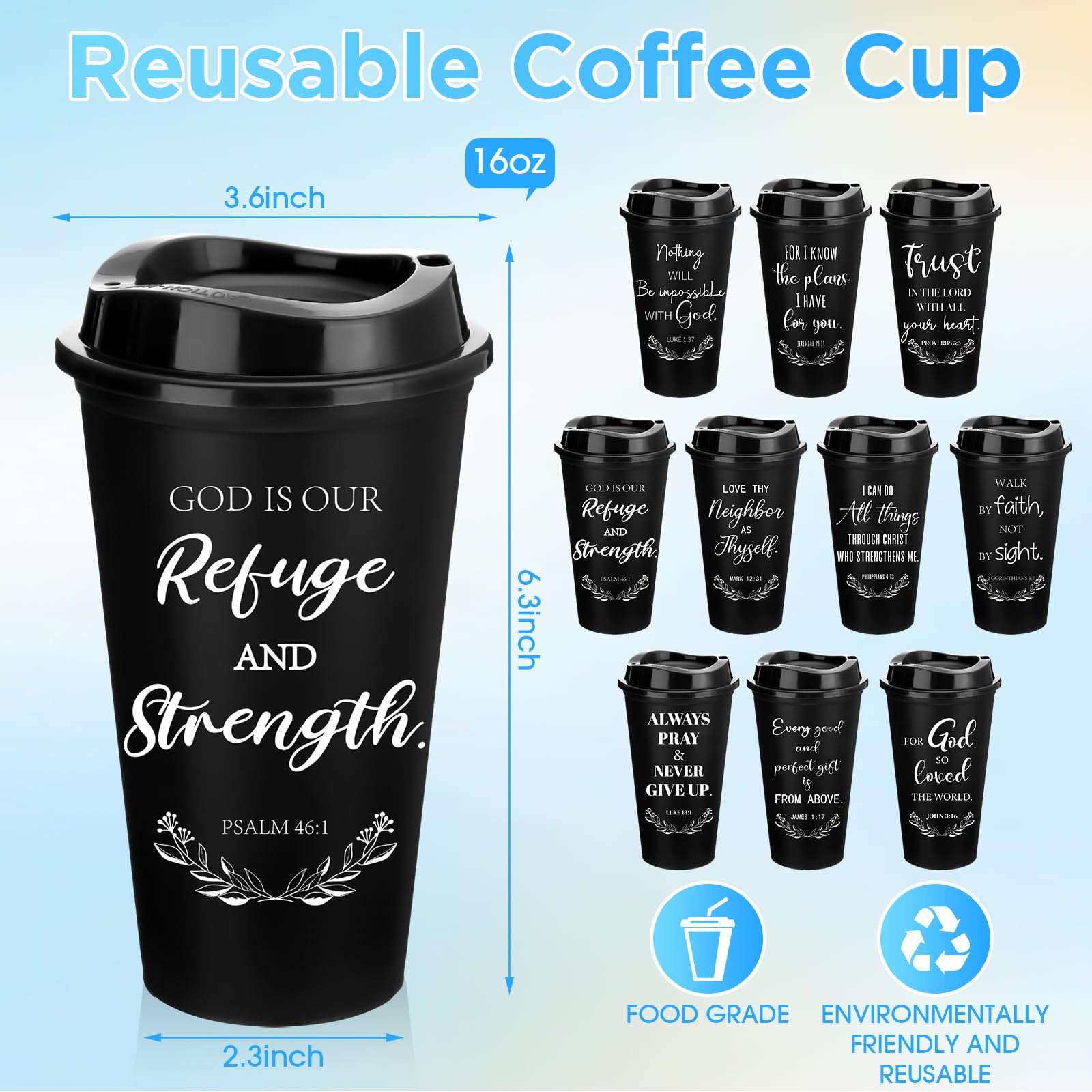 Skylety 20 Pack Christian Gifts for Men Women 16oz Reusable Bible Verse Tumbler Bulk Plastic Coffee Cups with Lids Inspirational