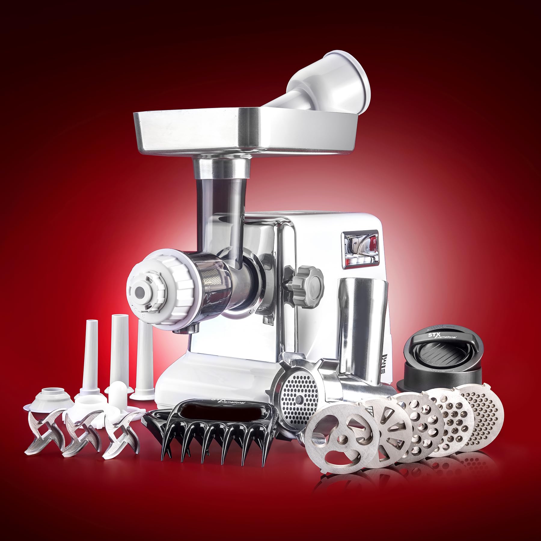 STX International 6-in-1 Electric Meat Grinder, 3000W, Juicer, Stainless Steel Blades, Model STX-3000-JTF, White