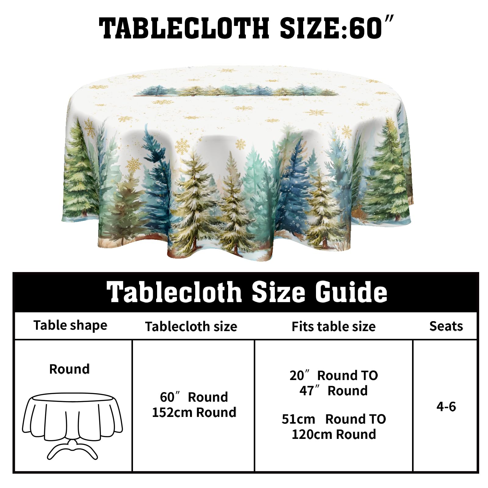 ABSOP Christmas Round Tablecloth 60 Inch Xmas Tree and Snowflake Pattern White Table Cloth Circle Winter Holiday Table Cover Was