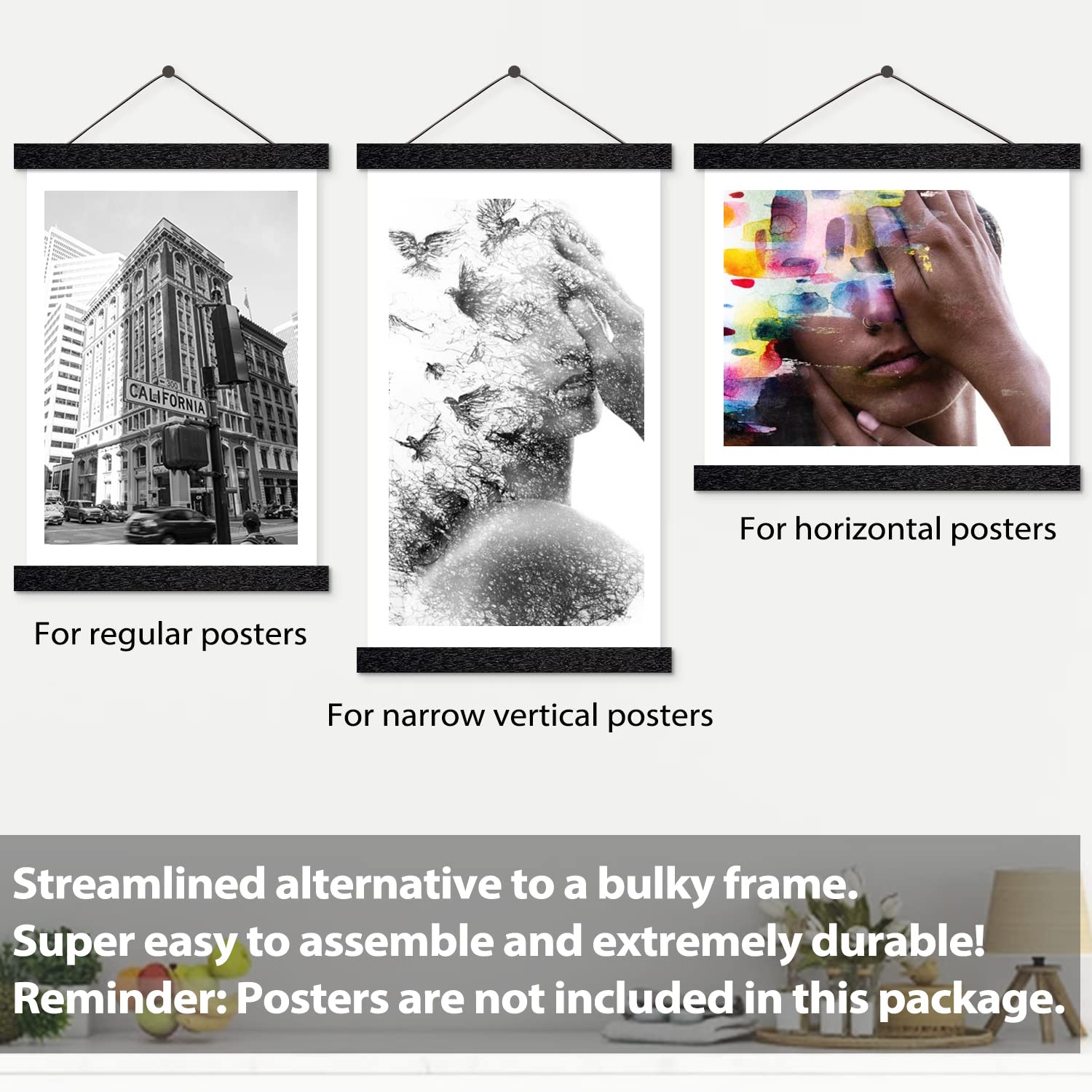 Magnetic Poster Hanger Wooden Poster Hangers  13 Inch  Extra Strong Magnets  Quick Assembly and Easy Use  Wood Poster Hanger for Wall Art  Pictures  Prints  Maps  Canvas  13x22 13x19 13x18  Black