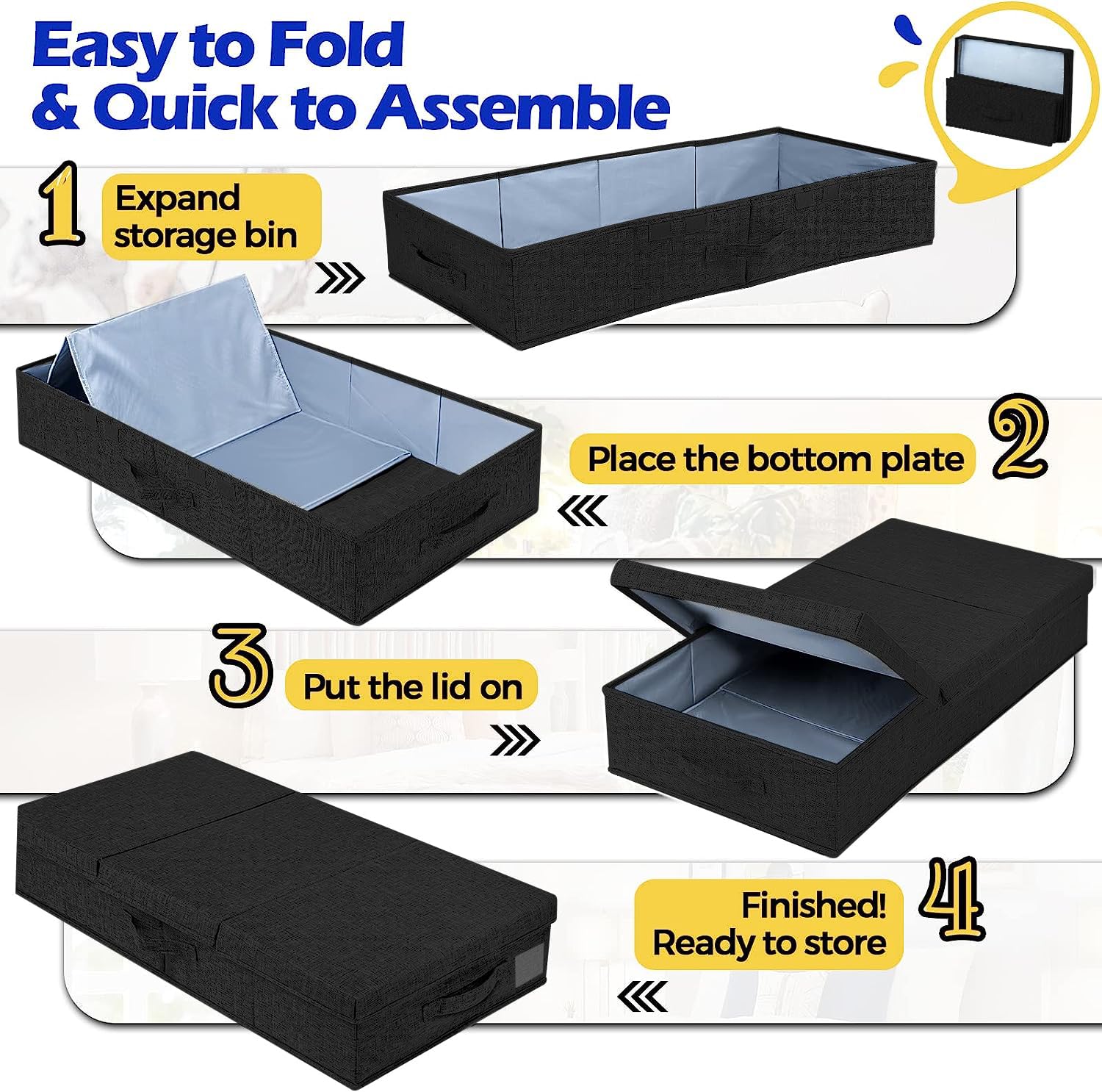 Underbed Storage Containers With Lids, Set of 2 Low Profile Under Crib Storage Bins W/ 3 Handles, Large Sturdy Under Bed Clothes