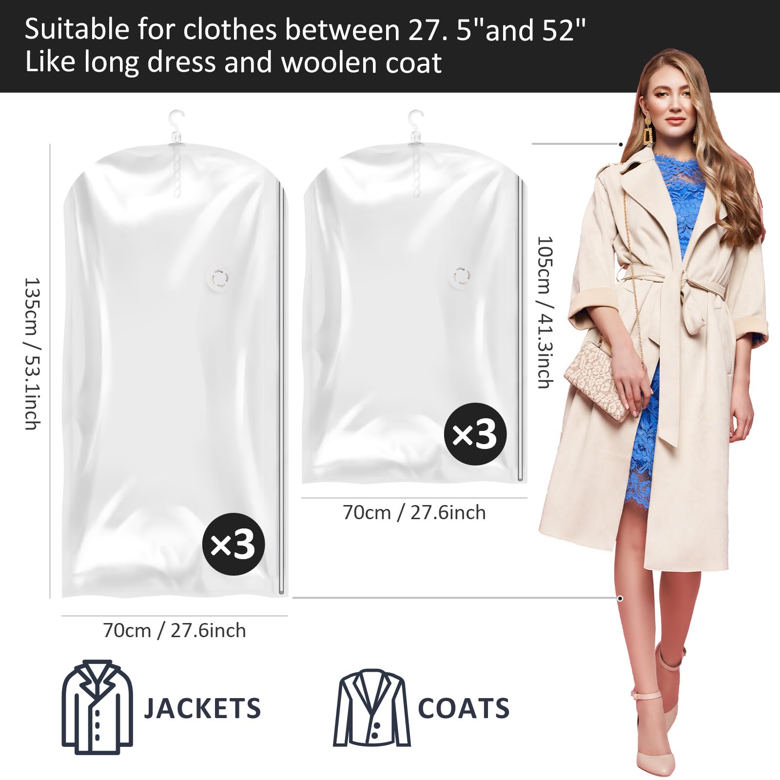 Hanging Vacuum Storage Bags  6 Pack Large Hanging Space Saver Bags  Hanging Vacuum Sealed for Clothes Suits Dress Jackets for Moving Supplies(3 Long  3 Short)