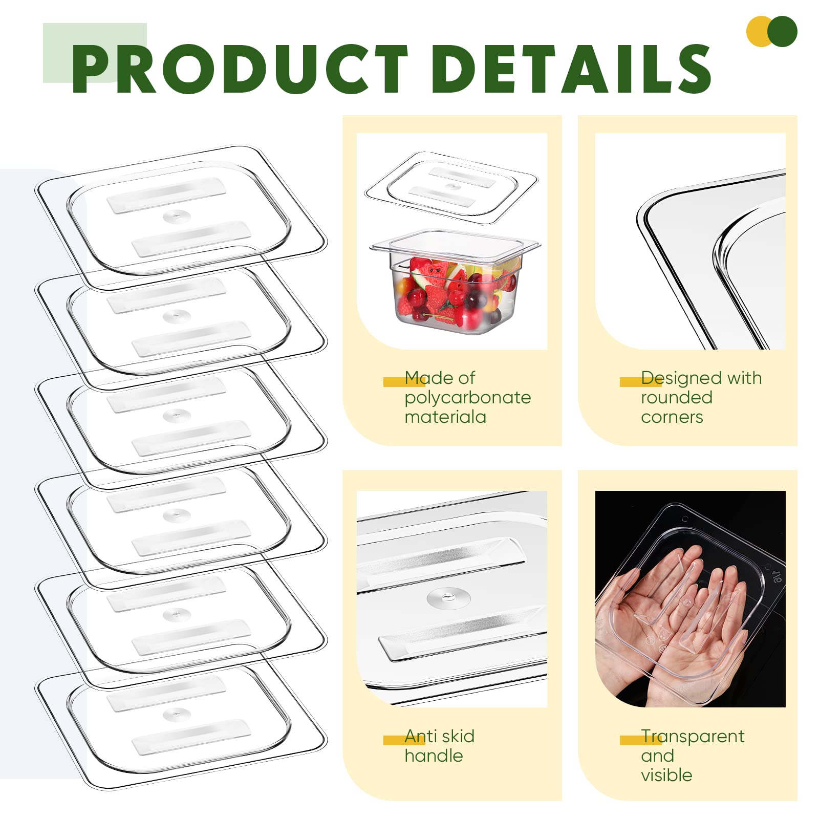6 Pcs Polycarbonate Food Pan Lids With Handle, 1/6 Size Clear Hotel Pan Lid Plastic Hotel Pan Cover For Restaurant Food Containe