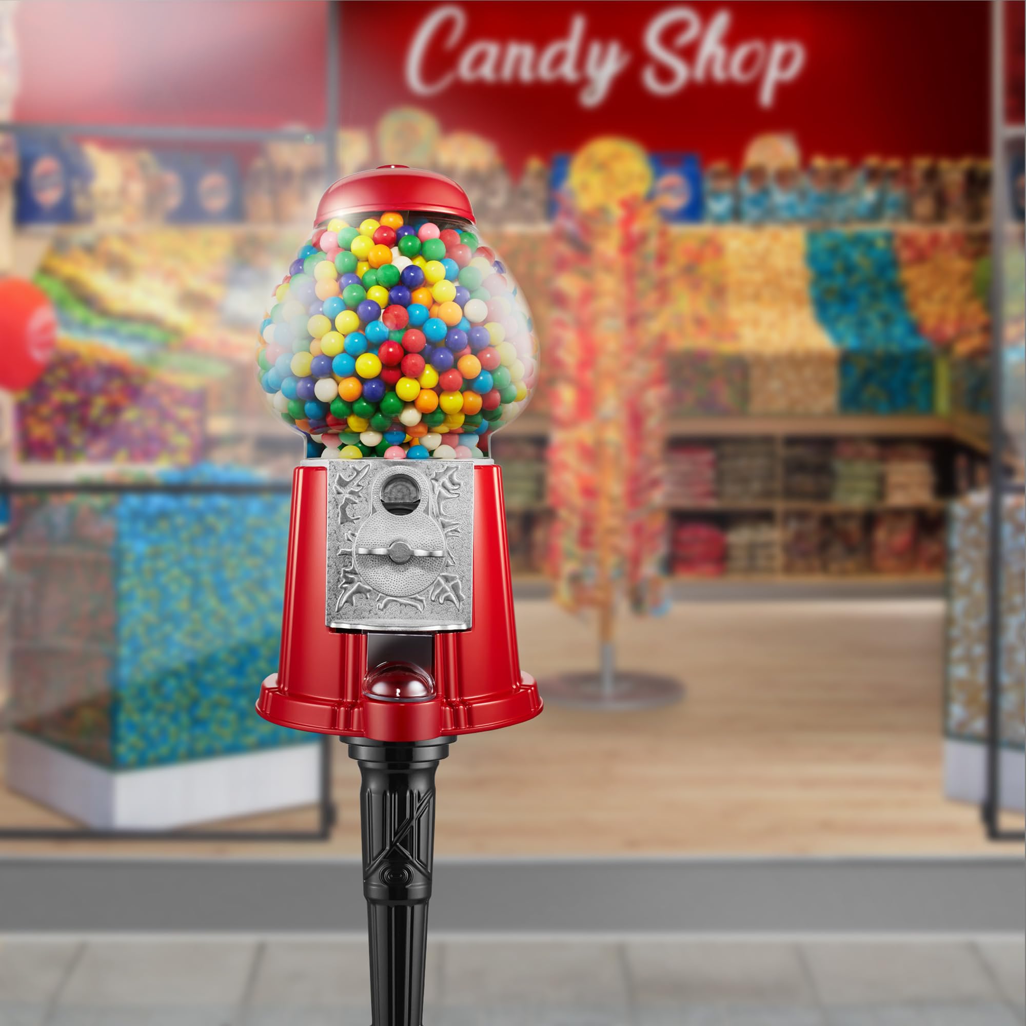 OLDE MIDWAY 15" Gumball Machine - Red Vintage-Style Metal Dispenser with Glass Globe