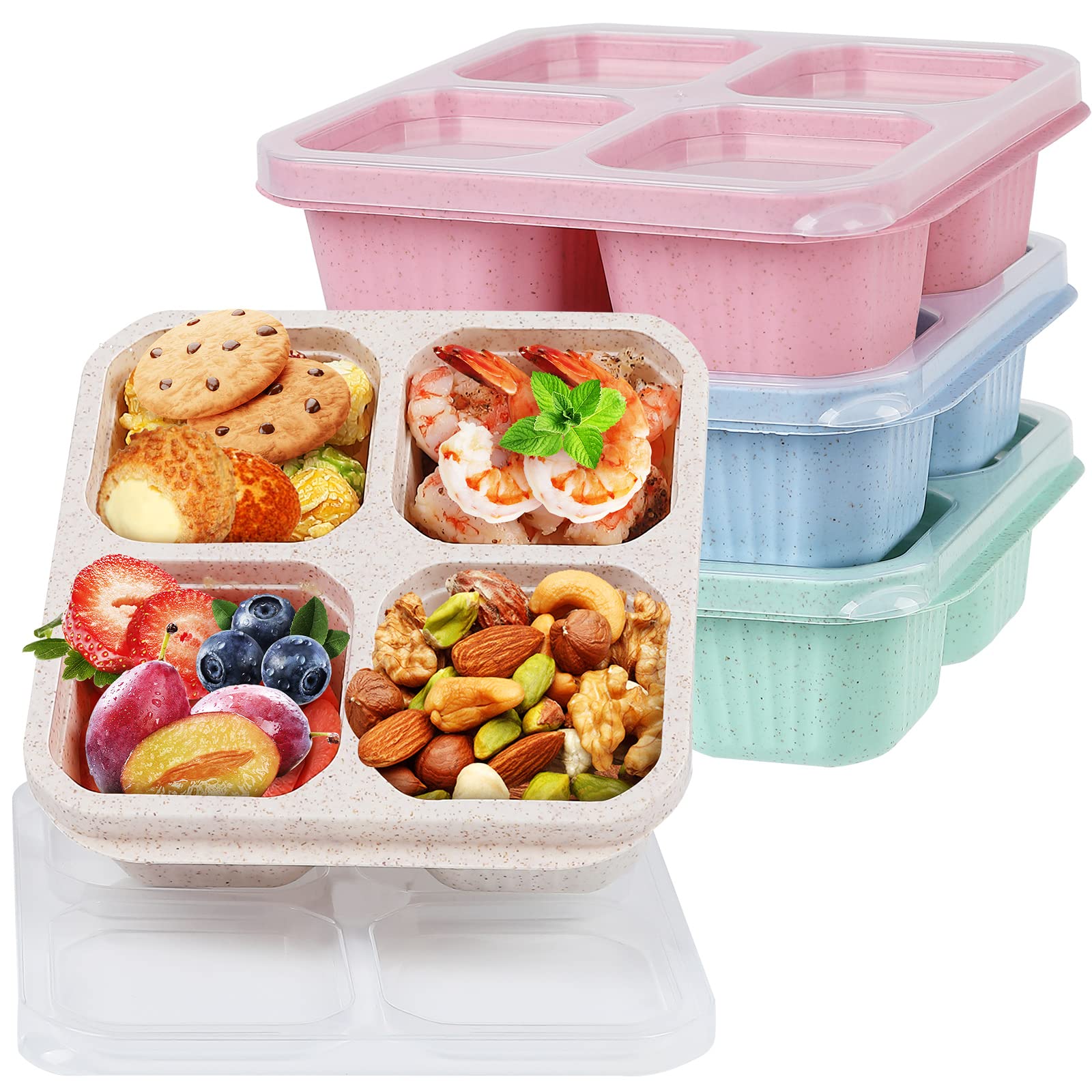 Buluker 4 Pack Bento Snack Containers Set, 4 Compartment Food Storage Containers Wheat Straw Meal Prep Lunch Box Plastic Food St