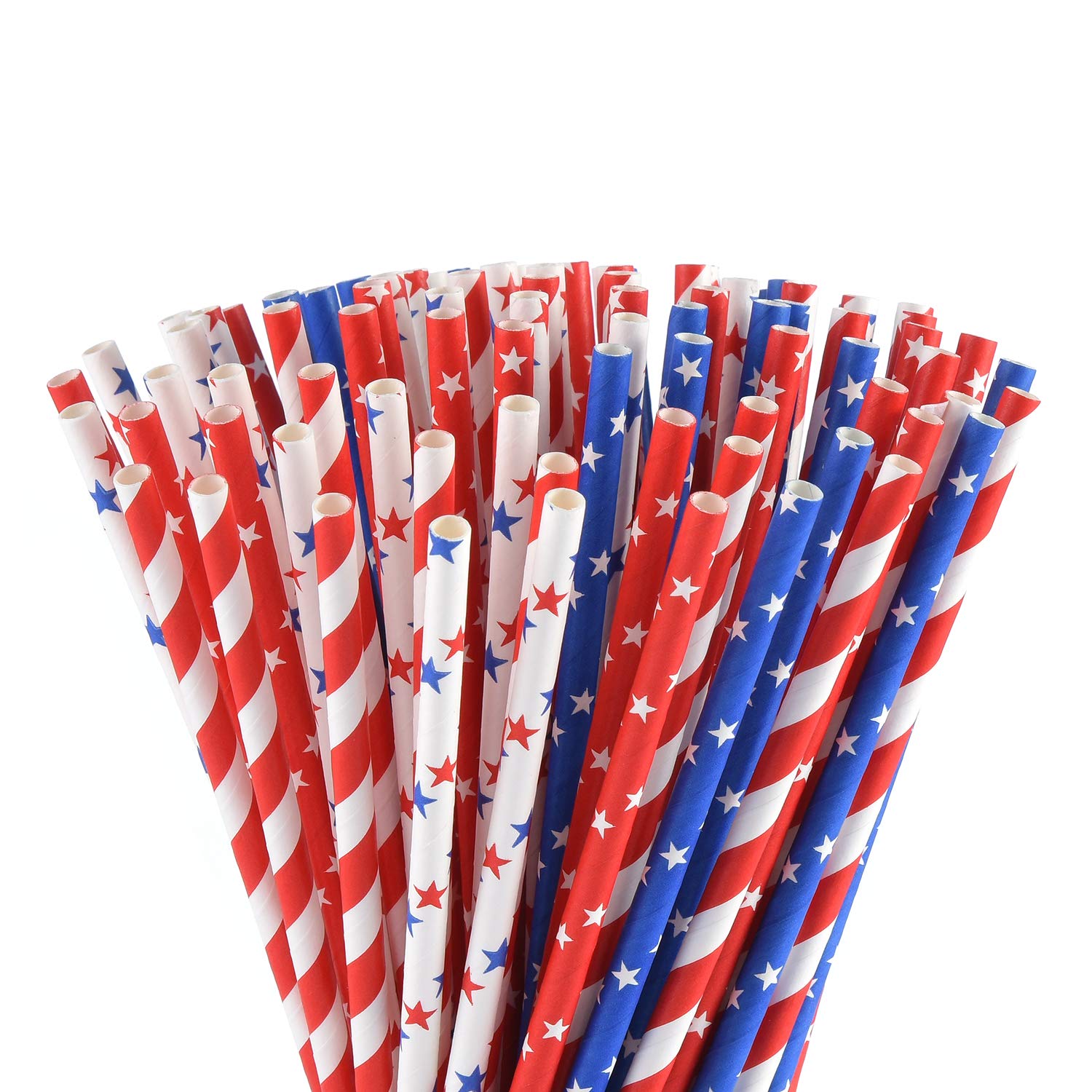 Alink American Flag Red Blue White Paper Straws, 100 Stripe/Star Biodegradable Straws For Memorial Day /4Th Of July, Super Bowl,