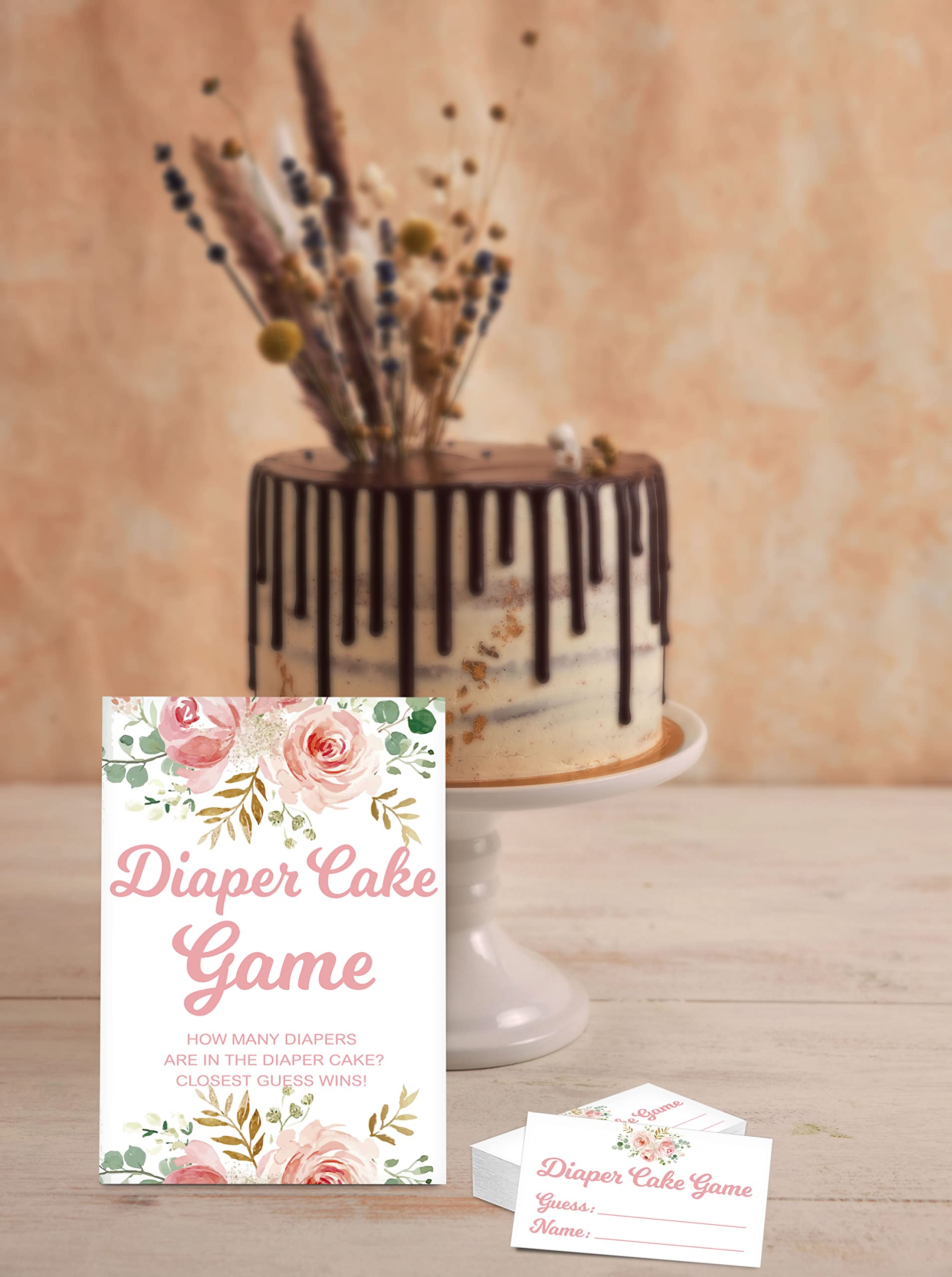 Baby Shower Game Set, Diaper Cake Games(1 Standing Sign + 50 Guessing Cards), Floral Guess How Many Diapers Party Game, Blush Pi